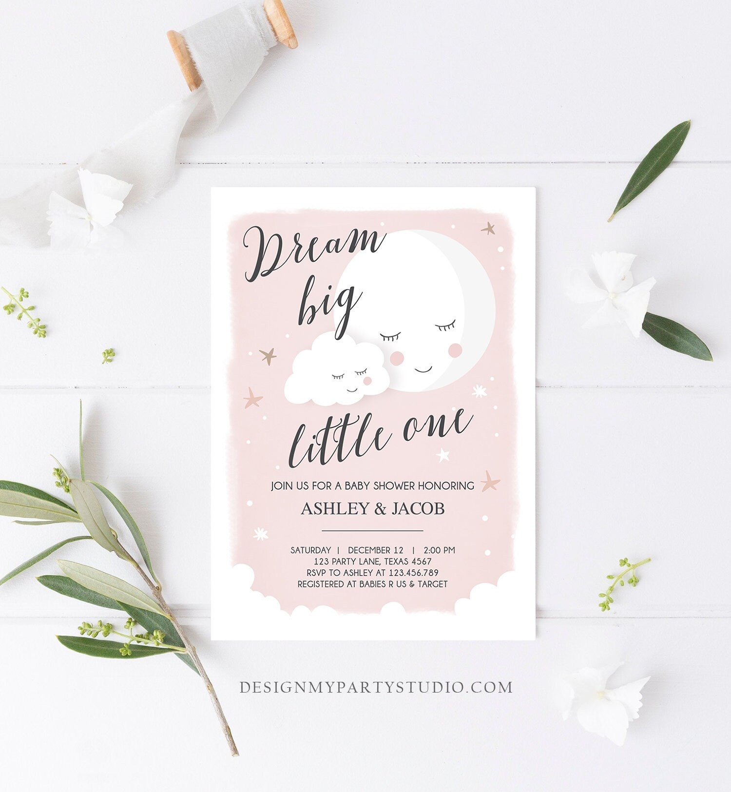 Editable Dream Big Little One Baby Shower Invitation Stars Moon and Back Invites Pink Girl Baby Shower Sprinkle Template Download Corjl 0113