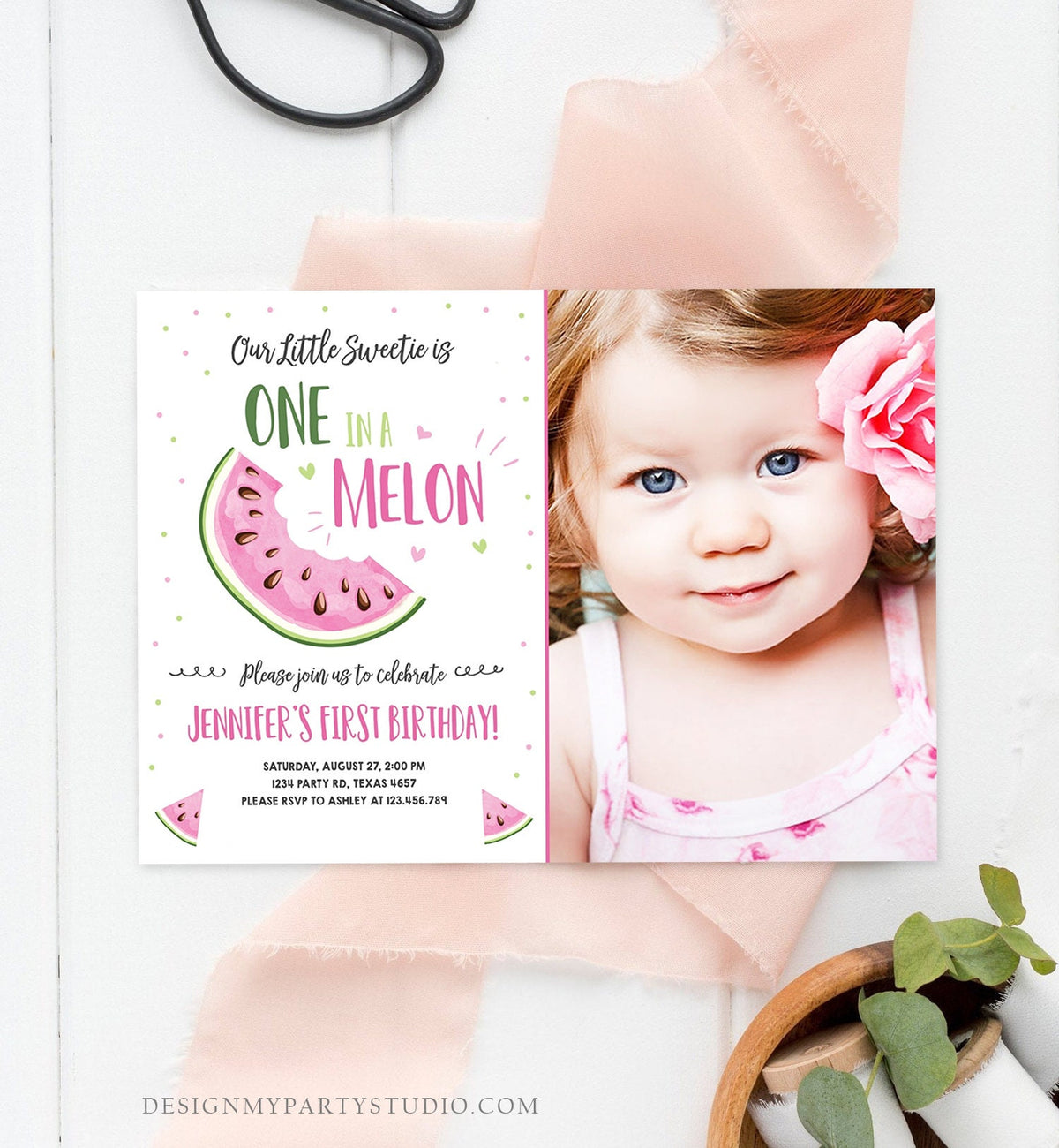 Editable Watermelon Birthday Invitation Girl Pink Red One in a Melon Party Summer Fruit First Birthday 1st Corjl Template Printable 0326