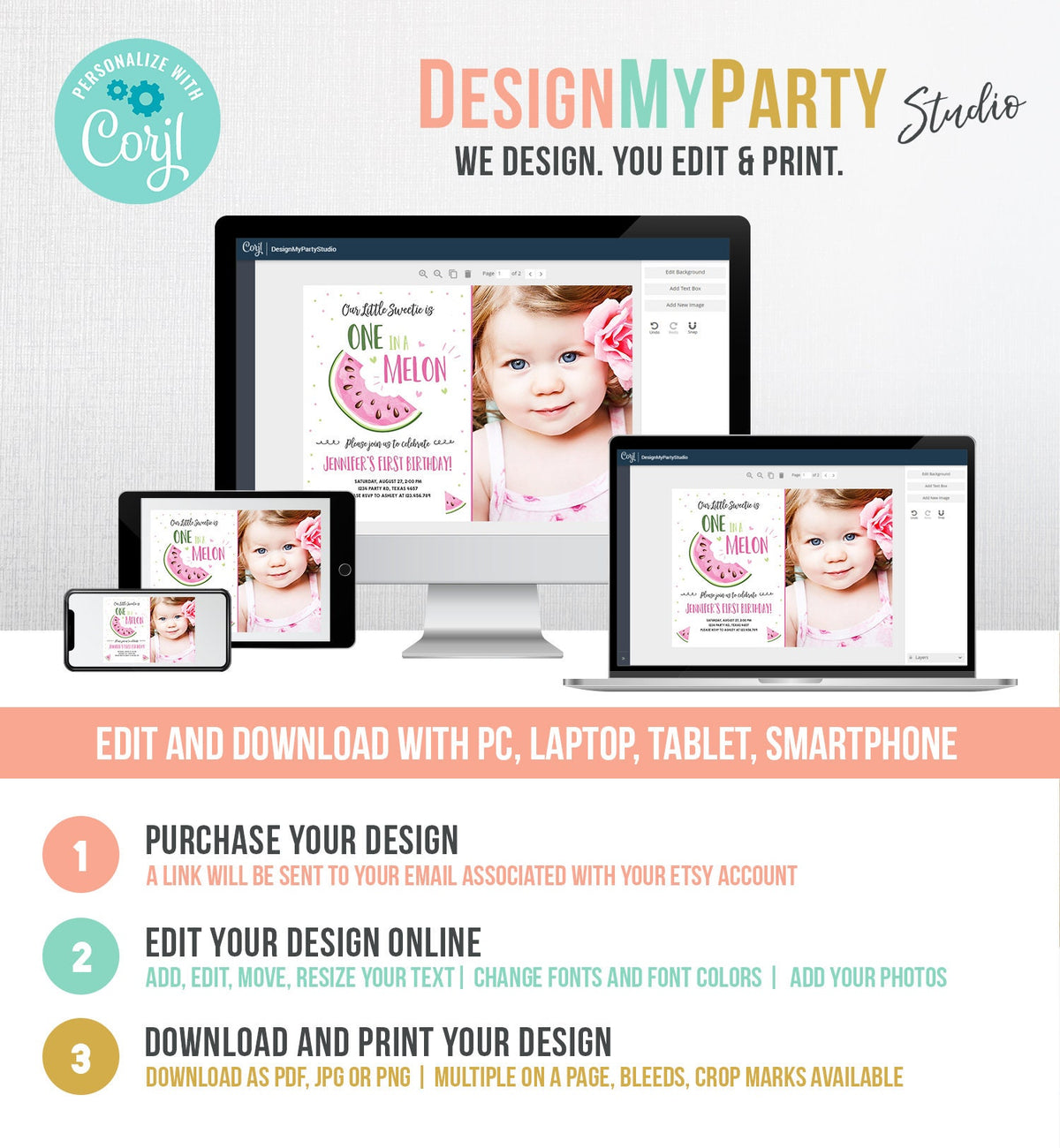 Editable Watermelon Birthday Invitation Girl Pink Red One in a Melon Party Summer Fruit First Birthday 1st Corjl Template Printable 0326