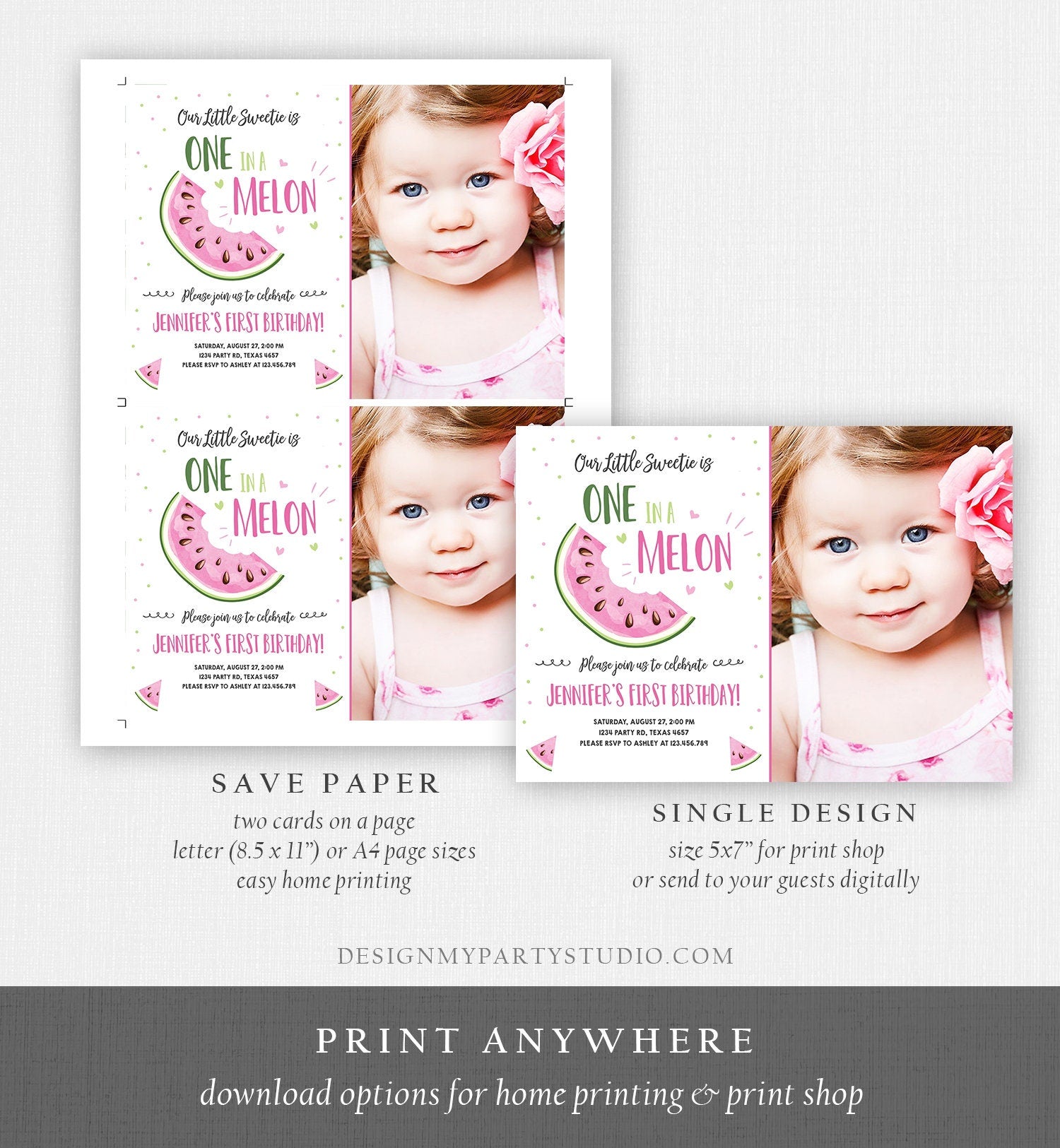 Editable Watermelon Birthday Invitation Girl Pink Red One in a Melon Party Summer Fruit First Birthday 1st Corjl Template Printable 0326