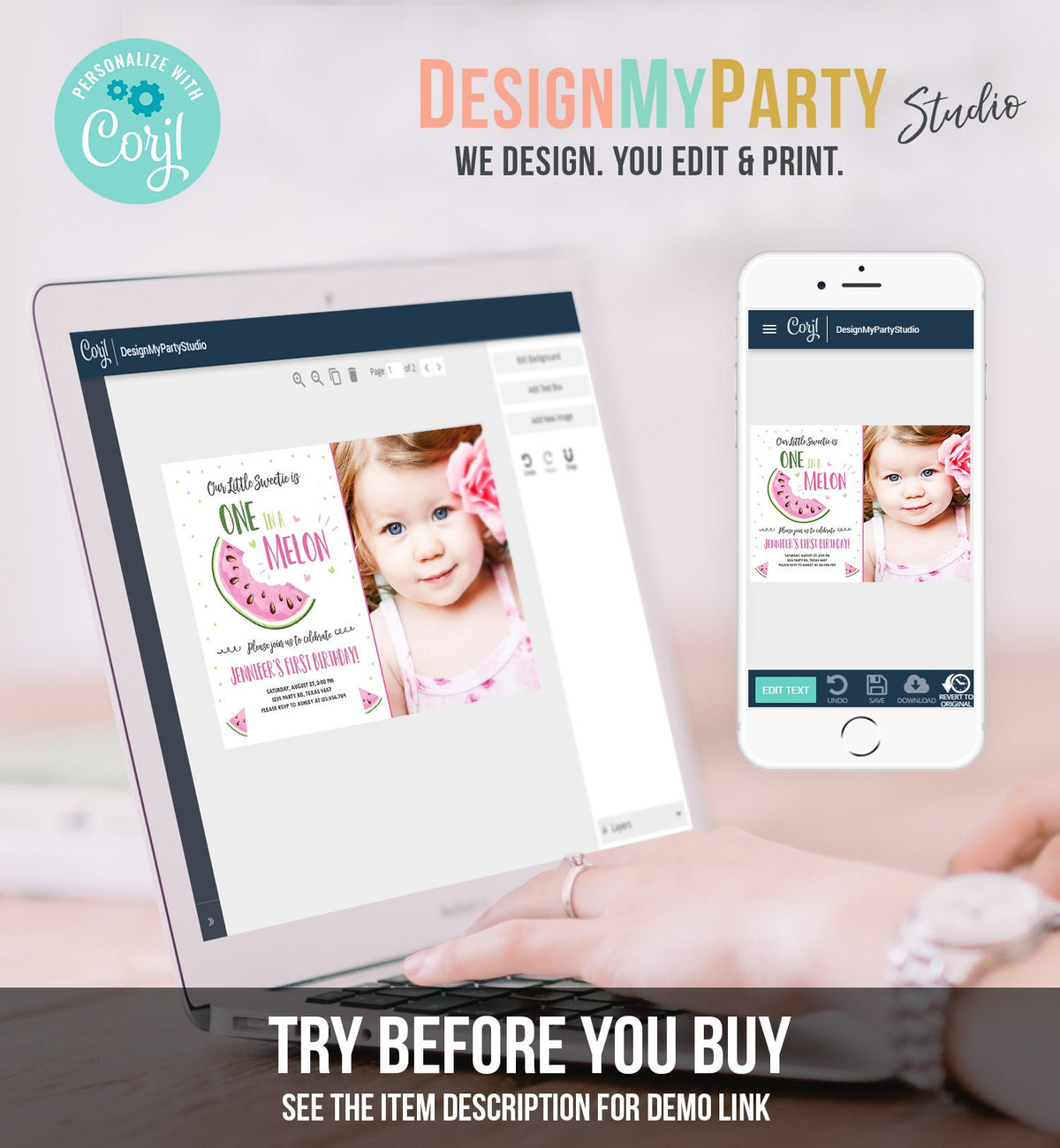 Editable Watermelon Birthday Invitation Girl Pink Red One in a Melon Party Summer Fruit First Birthday 1st Corjl Template Printable 0326