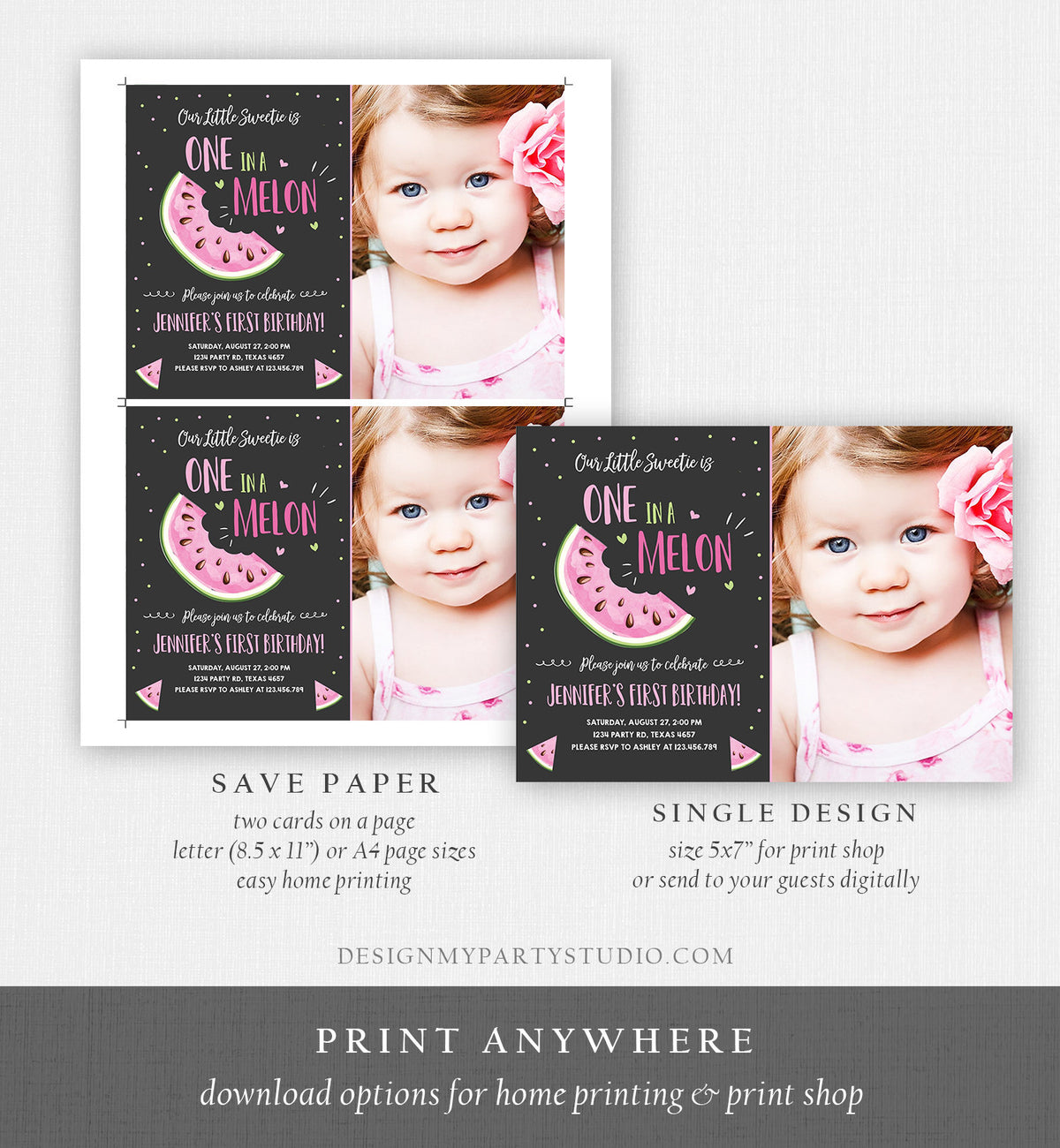 Editable Watermelon Birthday Invitation Girl Pink Red One in a Melon Party Summer Fruit First Birthday 1st Corjl Template Printable 0326