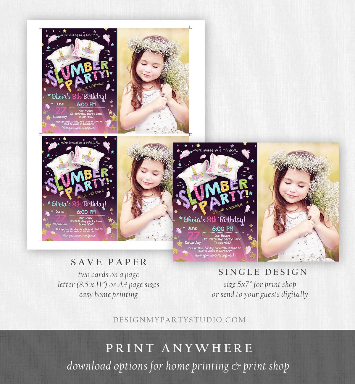 Editable Unicorn Slumber Party Birthday Invitation Sleepover Pyjamas Girl Pink Gold Rainbow Gold Download Printable Corjl Template 0328