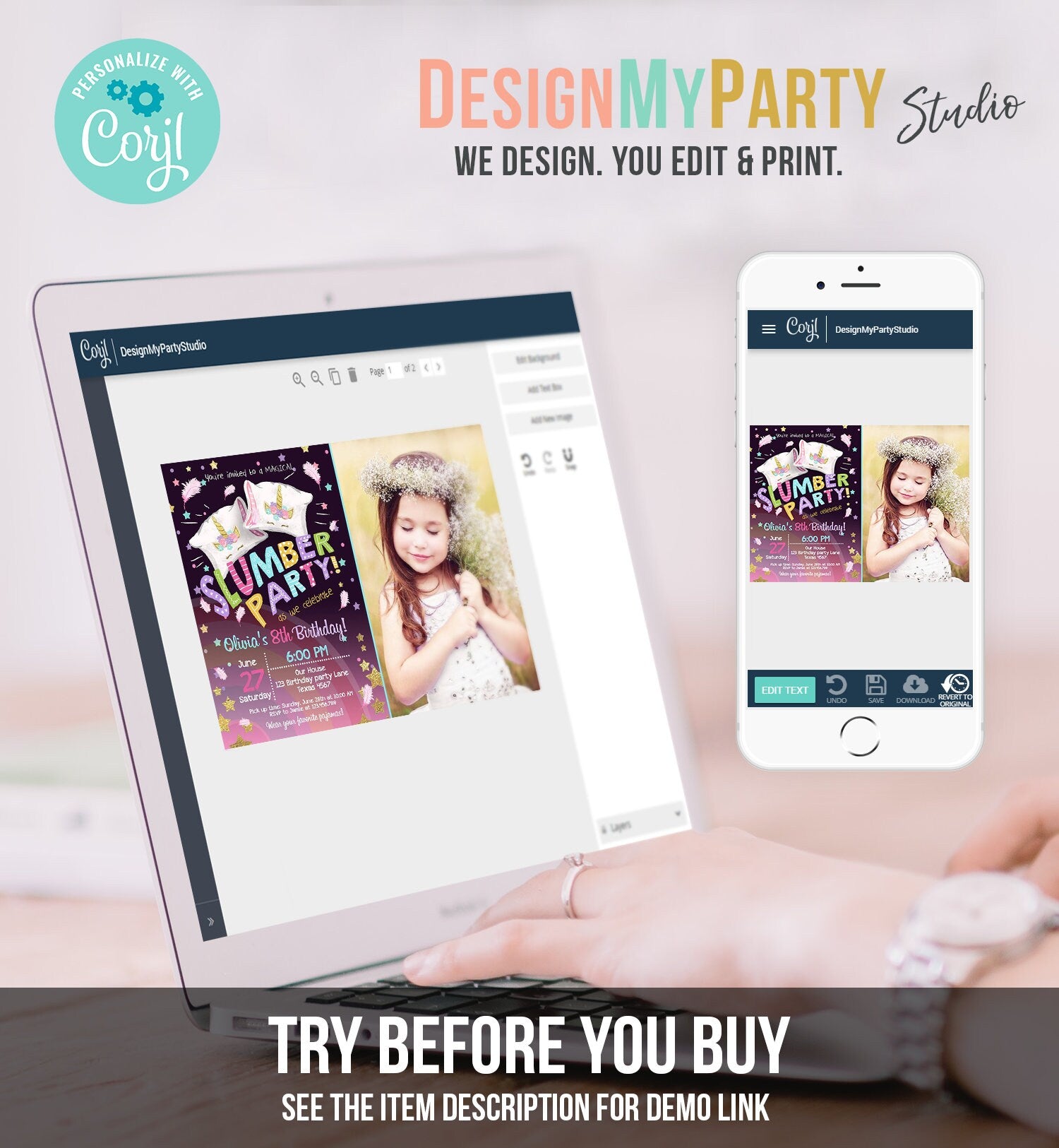 Editable Unicorn Slumber Party Birthday Invitation Sleepover Pyjamas Girl Pink Gold Rainbow Gold Download Printable Corjl Template 0328