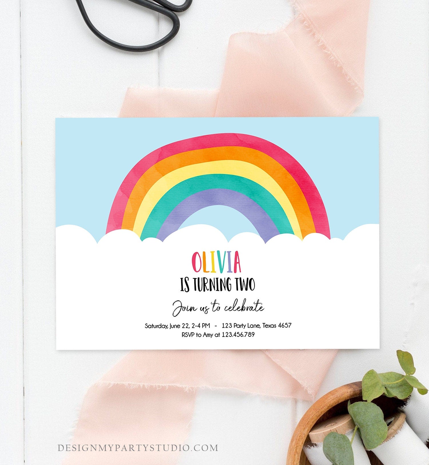 Editable Rainbow Birthday Invitation Kids Girl Boy Neutral Party Clouds Colorful Rainbow Colors Printable Corjl Template Digital 0272