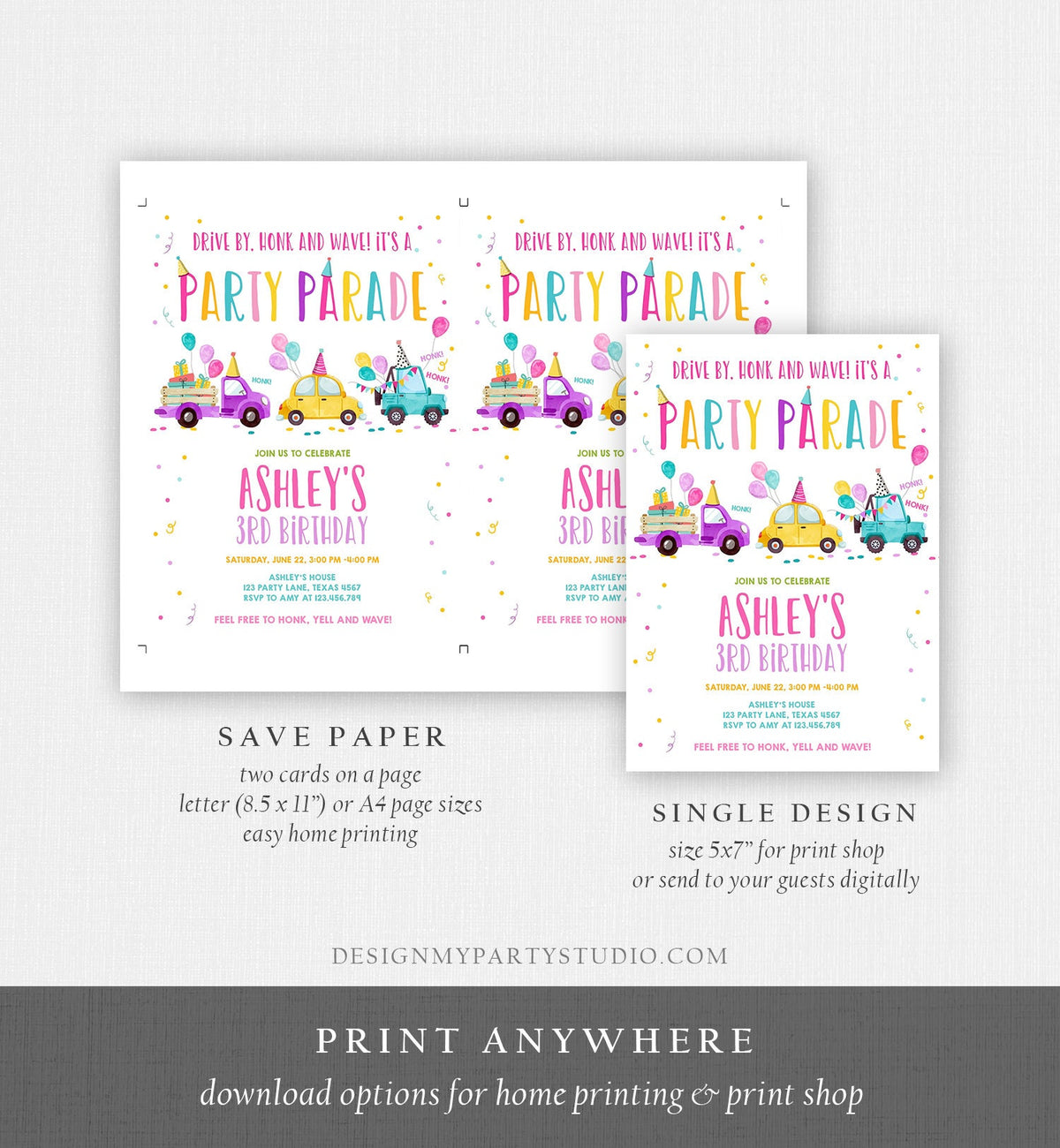 Editable Drive By Birthday Parade Invitation Virtual Party Invite Honk Wave Car Girl Pink Quarantine Instant Download Digital Corjl 0333