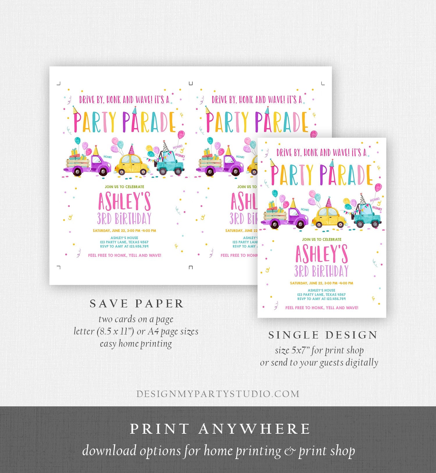 Editable Drive By Birthday Parade Invitation Virtual Party Invite Honk Wave Car Girl Pink Quarantine Instant Download Digital Corjl 0333