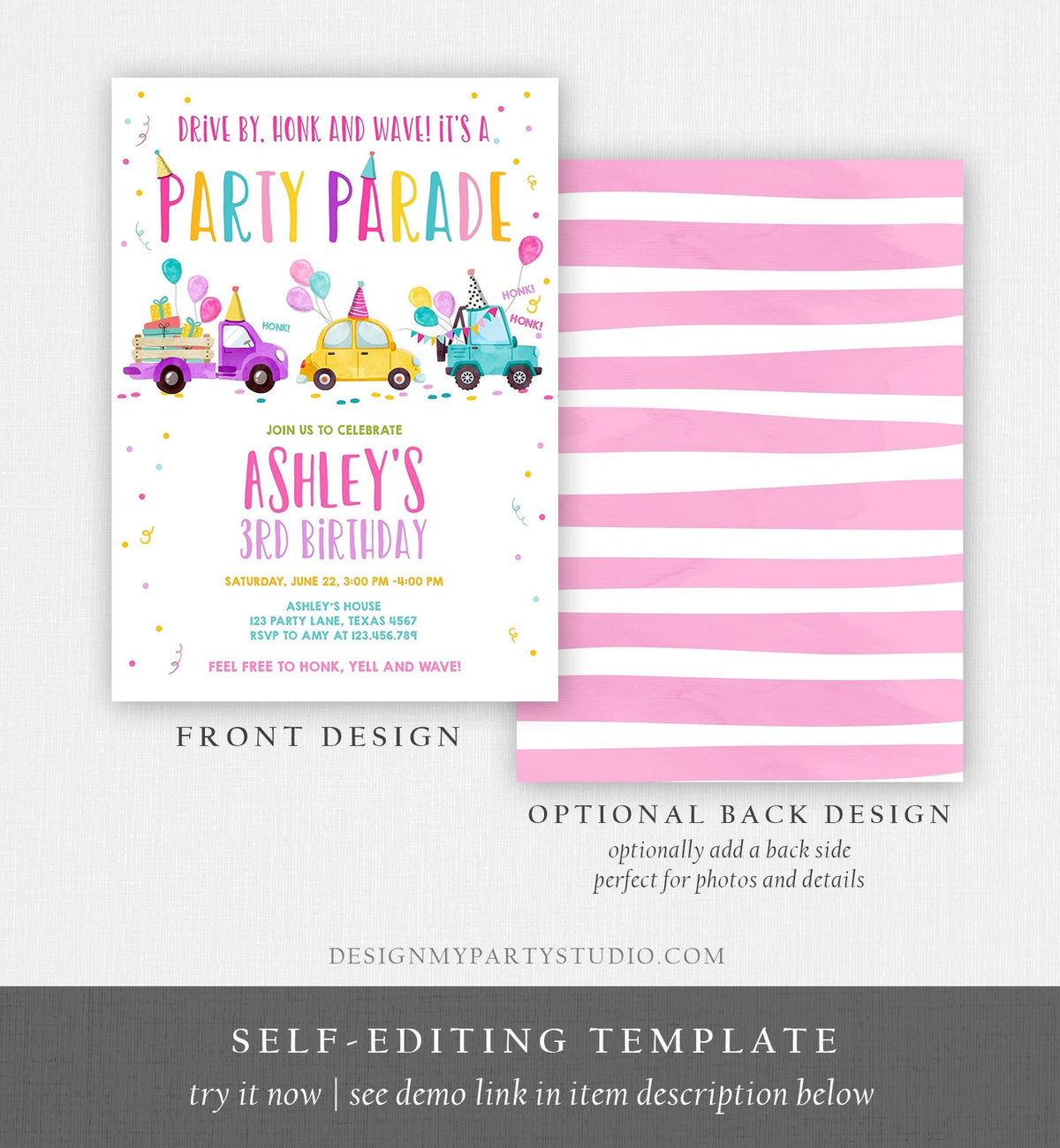 Editable Drive By Birthday Parade Invitation Virtual Party Invite Honk Wave Car Girl Pink Quarantine Instant Download Digital Corjl 0333