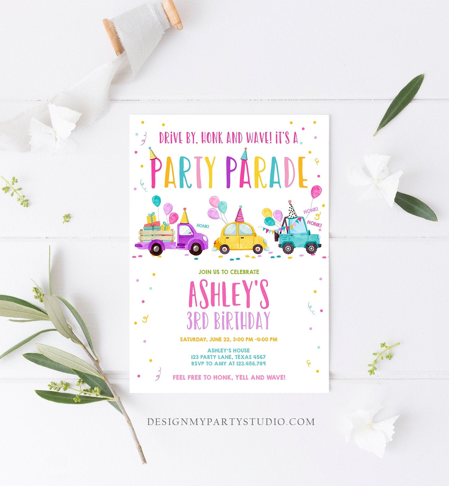 Editable Drive By Birthday Parade Invitation Virtual Party Invite Honk Wave Car Girl Pink Quarantine Instant Download Digital Corjl 0333