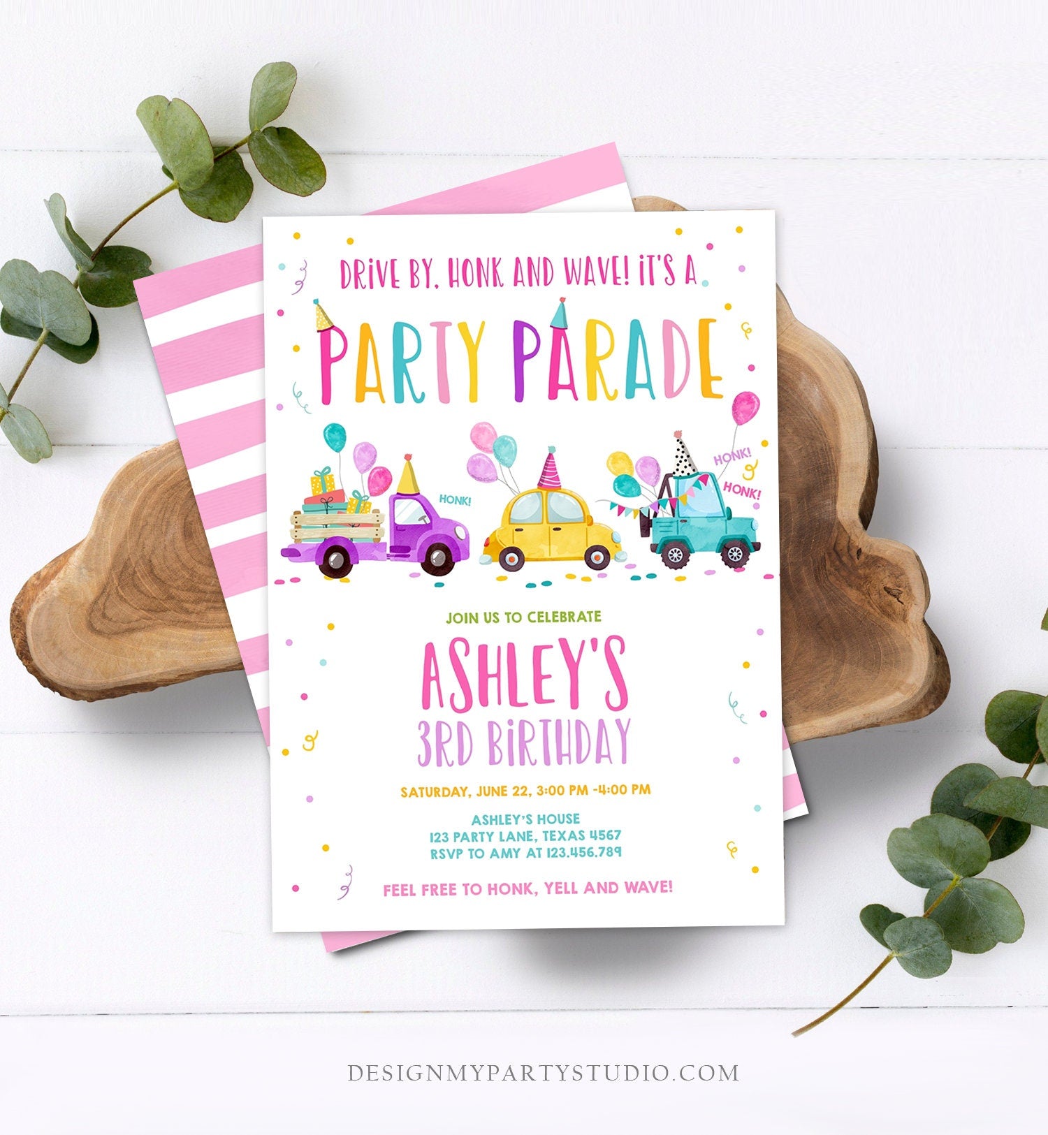 Editable Drive By Birthday Parade Invitation Virtual Party Invite Honk Wave Car Girl Pink Quarantine Instant Download Digital Corjl 0333