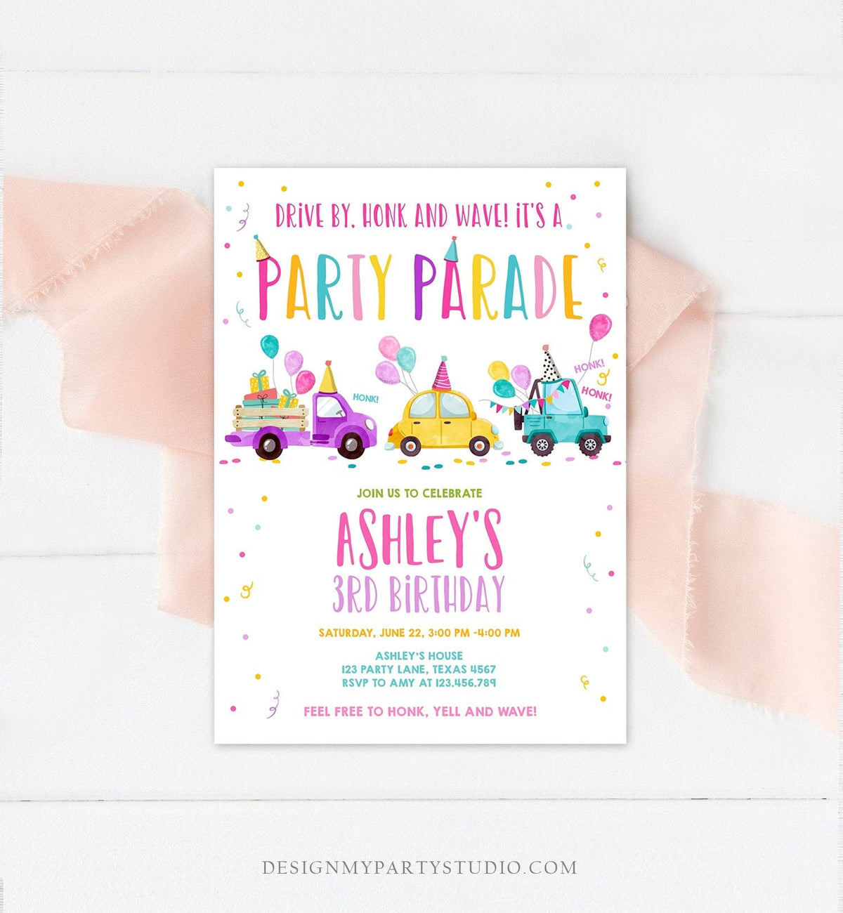 Editable Drive By Birthday Parade Invitation Virtual Party Invite Honk Wave Car Girl Pink Quarantine Instant Download Digital Corjl 0333