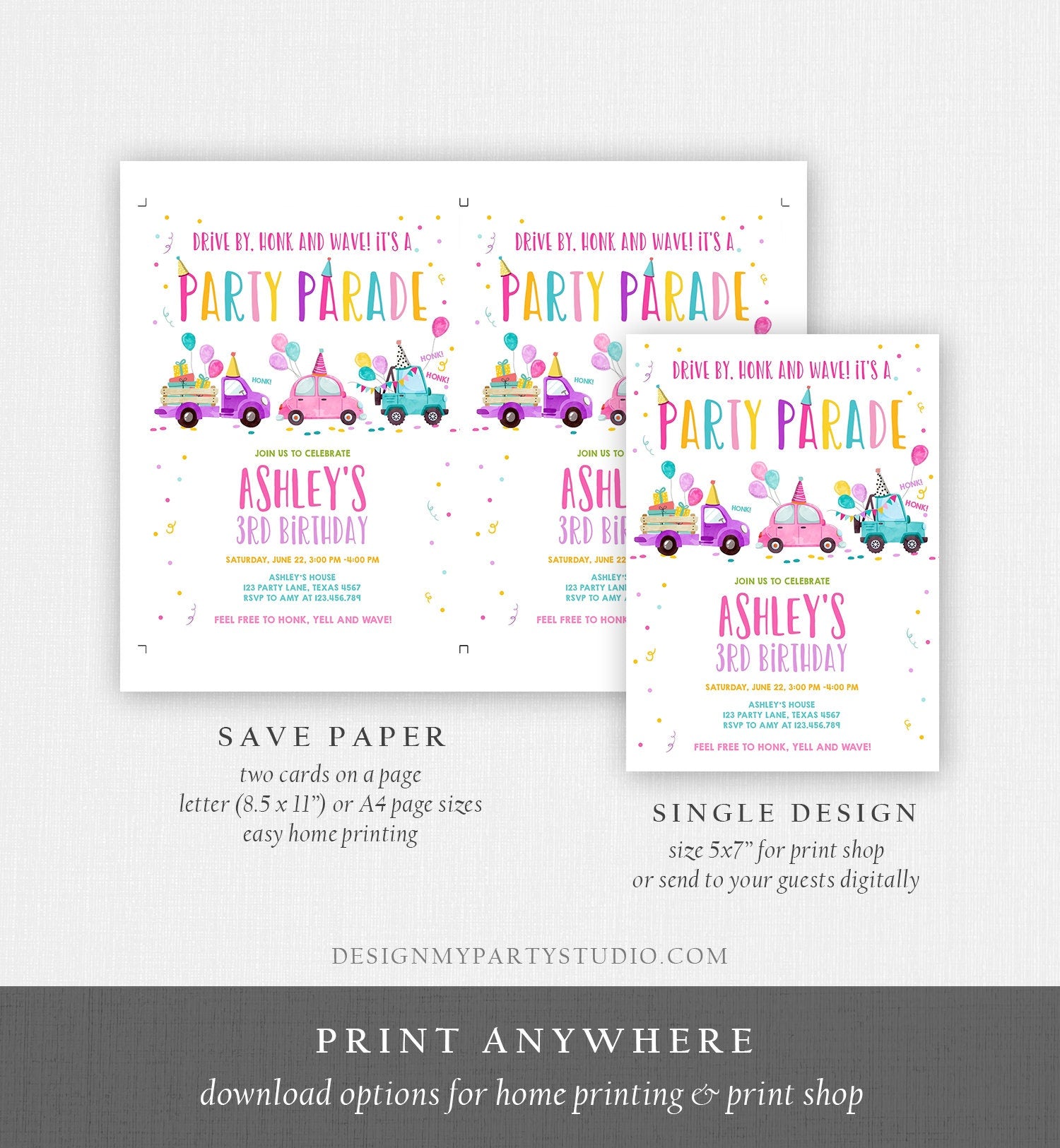 Editable Drive By Birthday Parade Invitation Virtual Party Invite Honk Wave Car Girl Pink Quarantine Instant Download Digital Corjl 0333