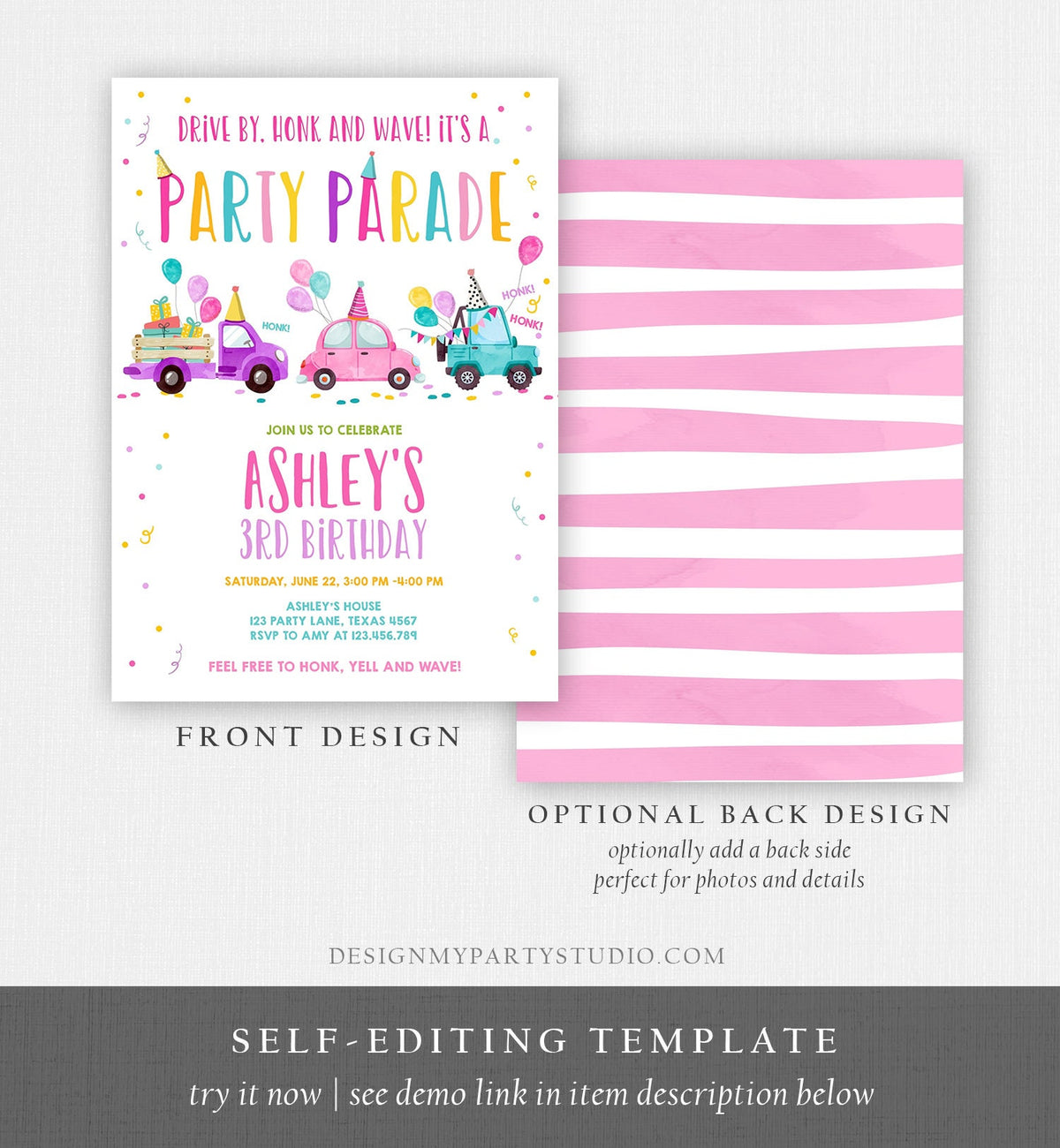 Editable Drive By Birthday Parade Invitation Virtual Party Invite Honk Wave Car Girl Pink Quarantine Instant Download Digital Corjl 0333
