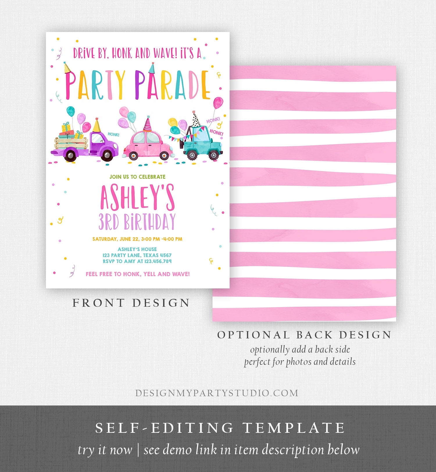 Editable Drive By Birthday Parade Invitation Virtual Party Invite Honk Wave Car Girl Pink Quarantine Instant Download Digital Corjl 0333