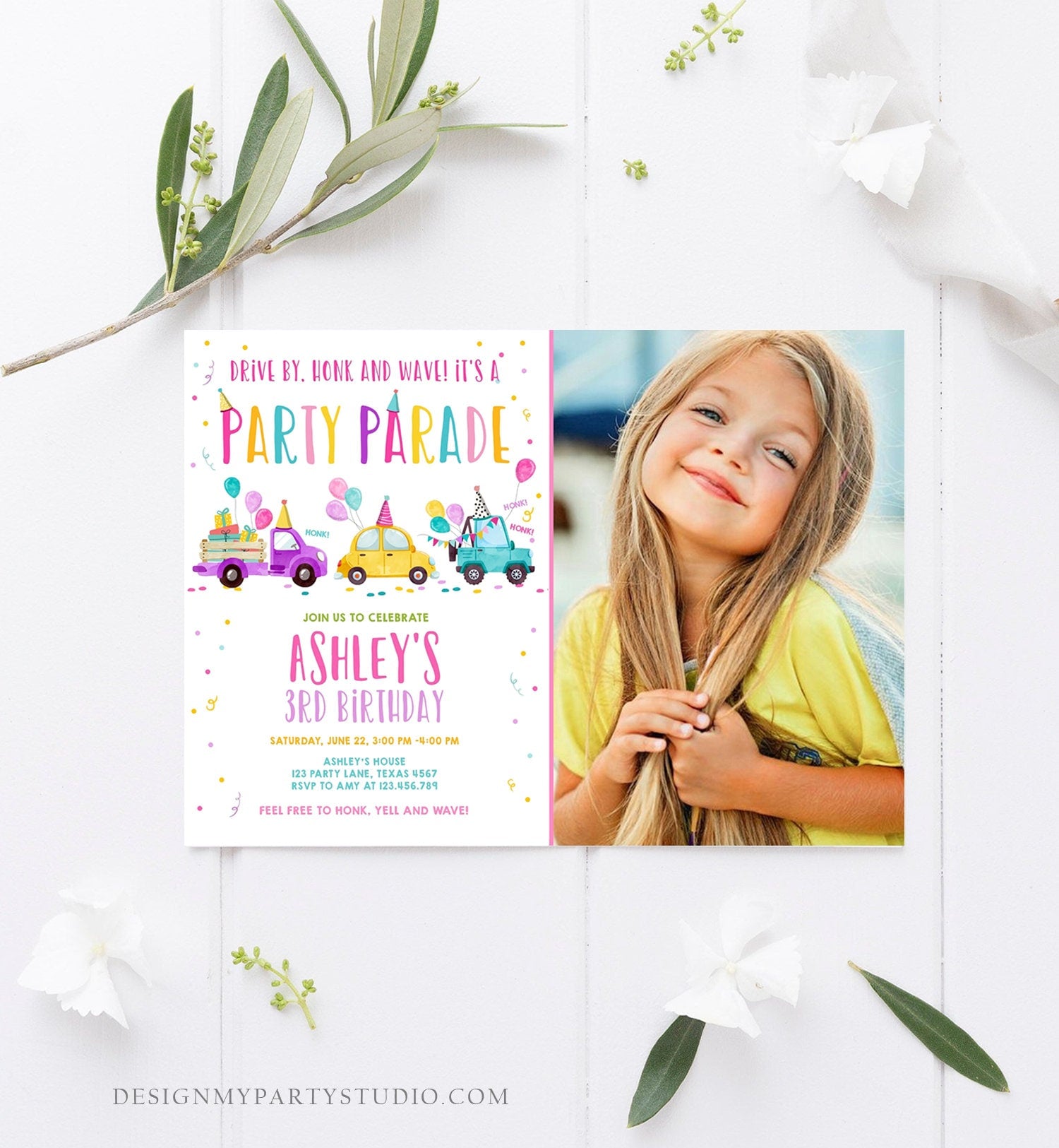 Editable Drive By Birthday Parade Invitation Virtual Party Invite Honk Wave Car Girl Pink Quarantine Instant Download Digital Corjl 0333