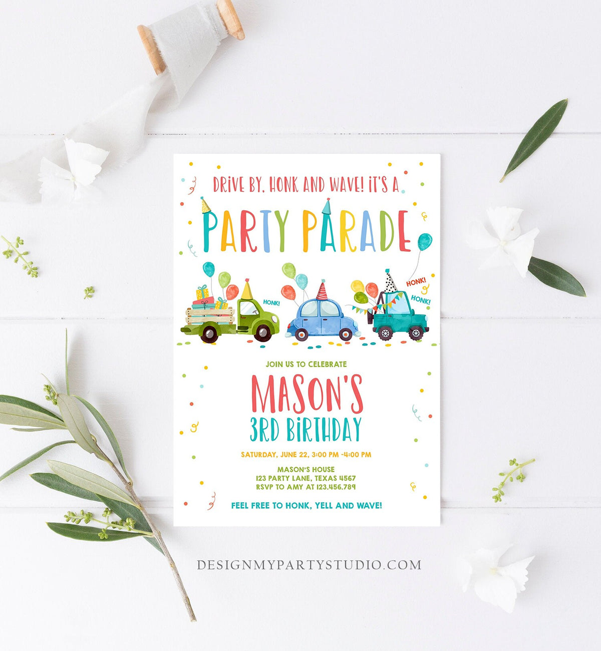 Editable Drive By Birthday Parade Invitation Virtual Party Invite Honk Wave Car Boy Blue Quarantine Instant Download Digital Corjl 0333