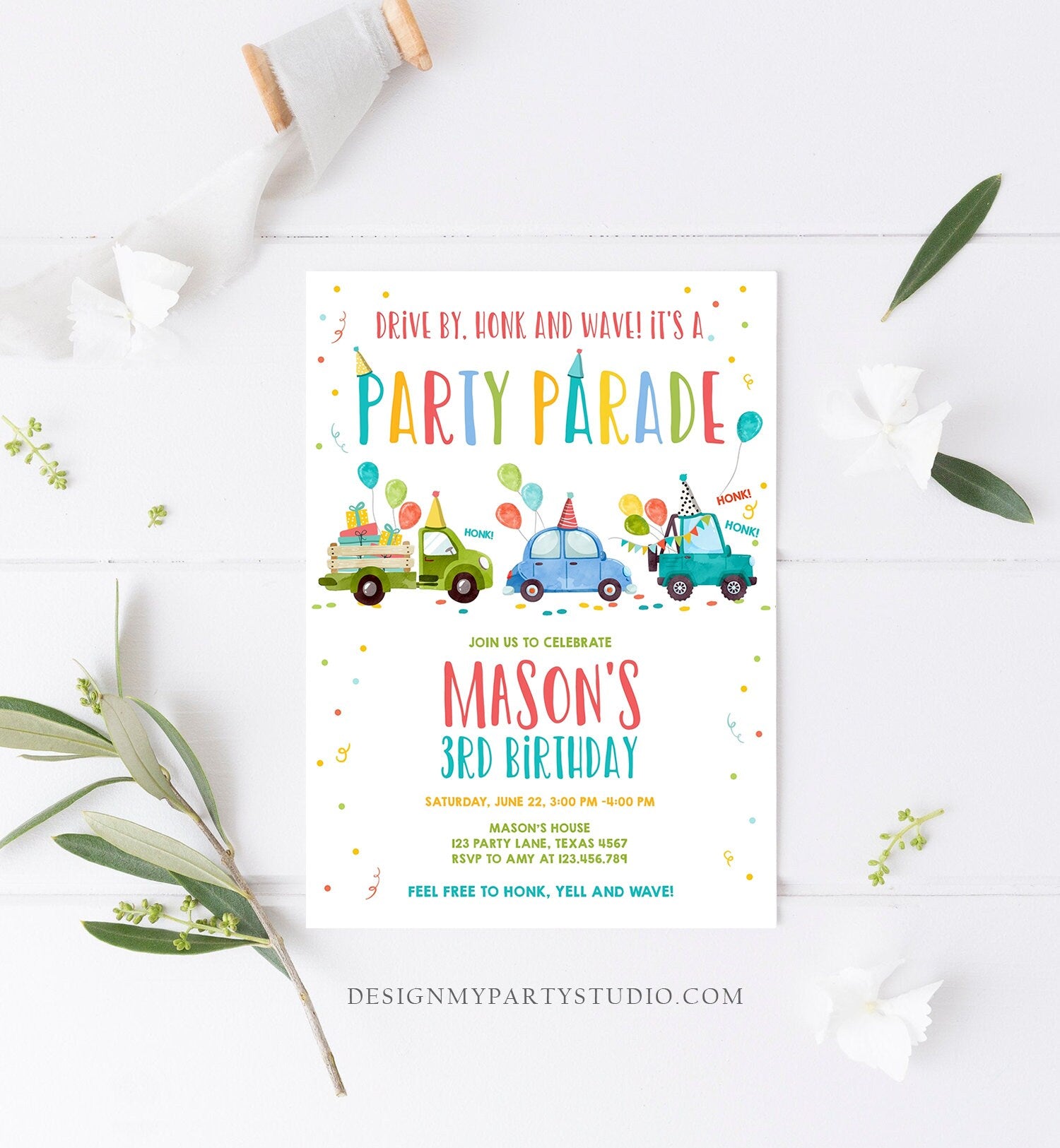 Editable Drive By Birthday Parade Invitation Virtual Party Invite Honk Wave Car Boy Blue Quarantine Instant Download Digital Corjl 0333