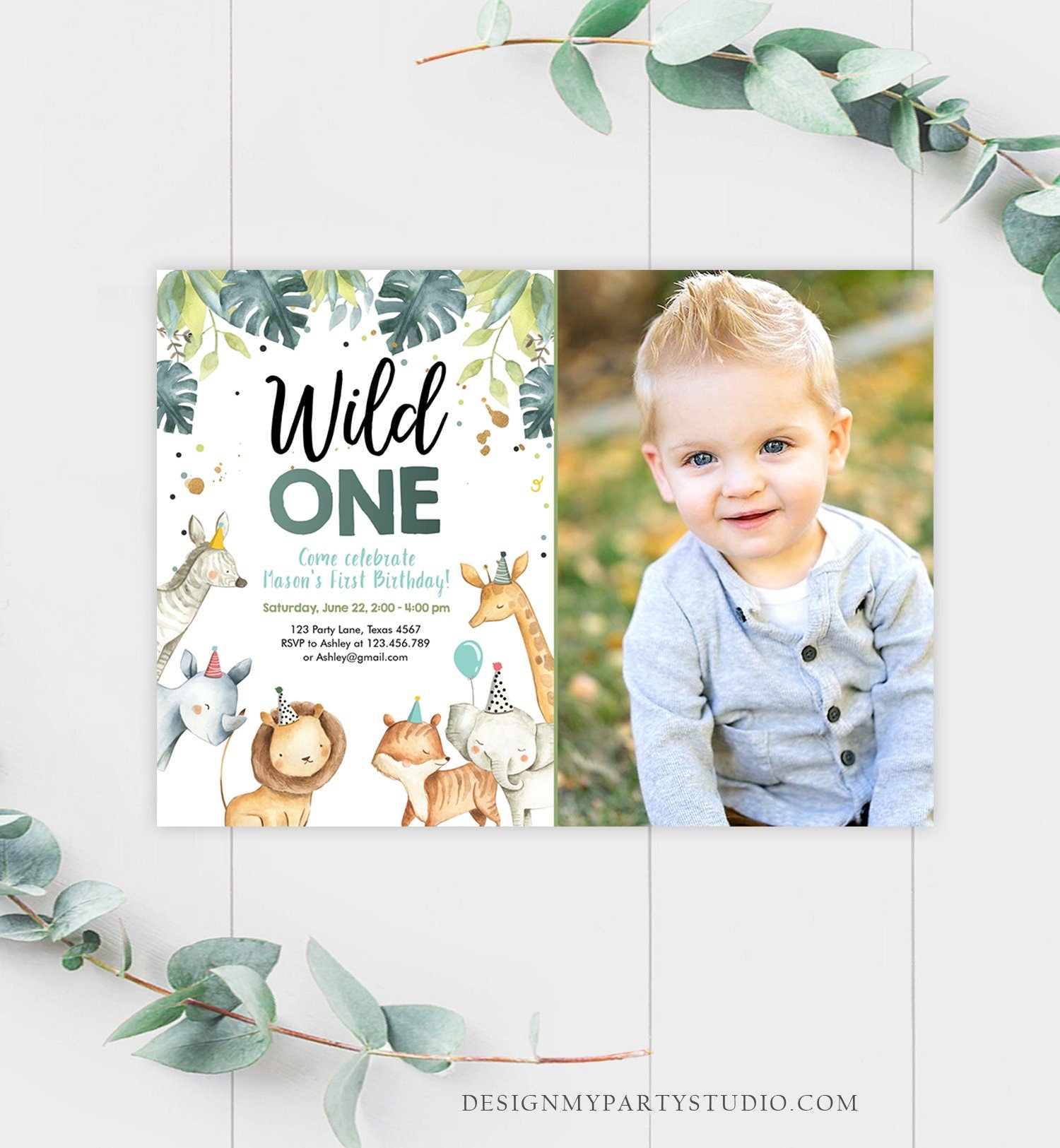 Editable Wild One Birthday Invitation Boy Safari Animals Green Gold Pa - Design My Party Studio editable-wild-one-birthday-invitation-boy-safari-animals-green-gold-pa-design-my-party-studio