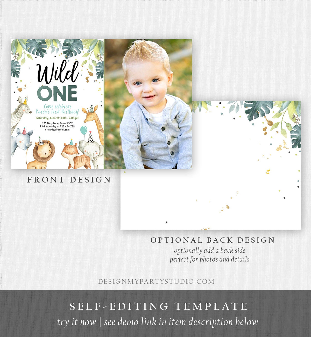 Editable Wild One Birthday Invitation Boy Safari Animals Green Gold Party Animals First Birthday 1st Download Template Corjl Printable 0163