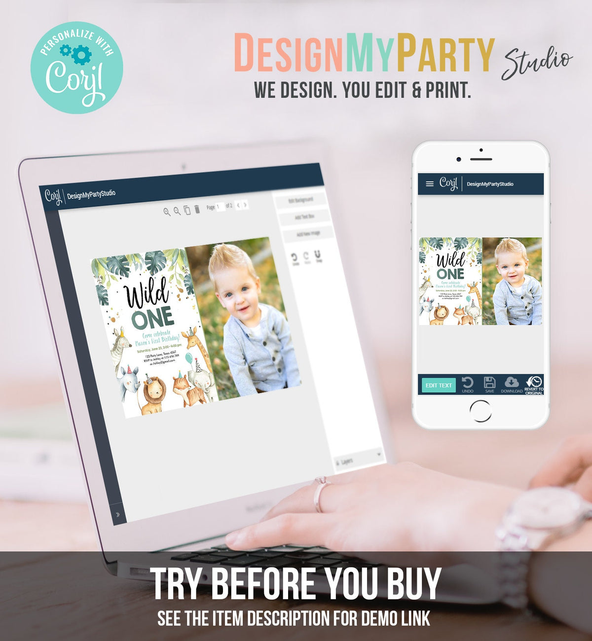 Editable Wild One Birthday Invitation Boy Safari Animals Green Gold Party Animals First Birthday 1st Download Template Corjl Printable 0163