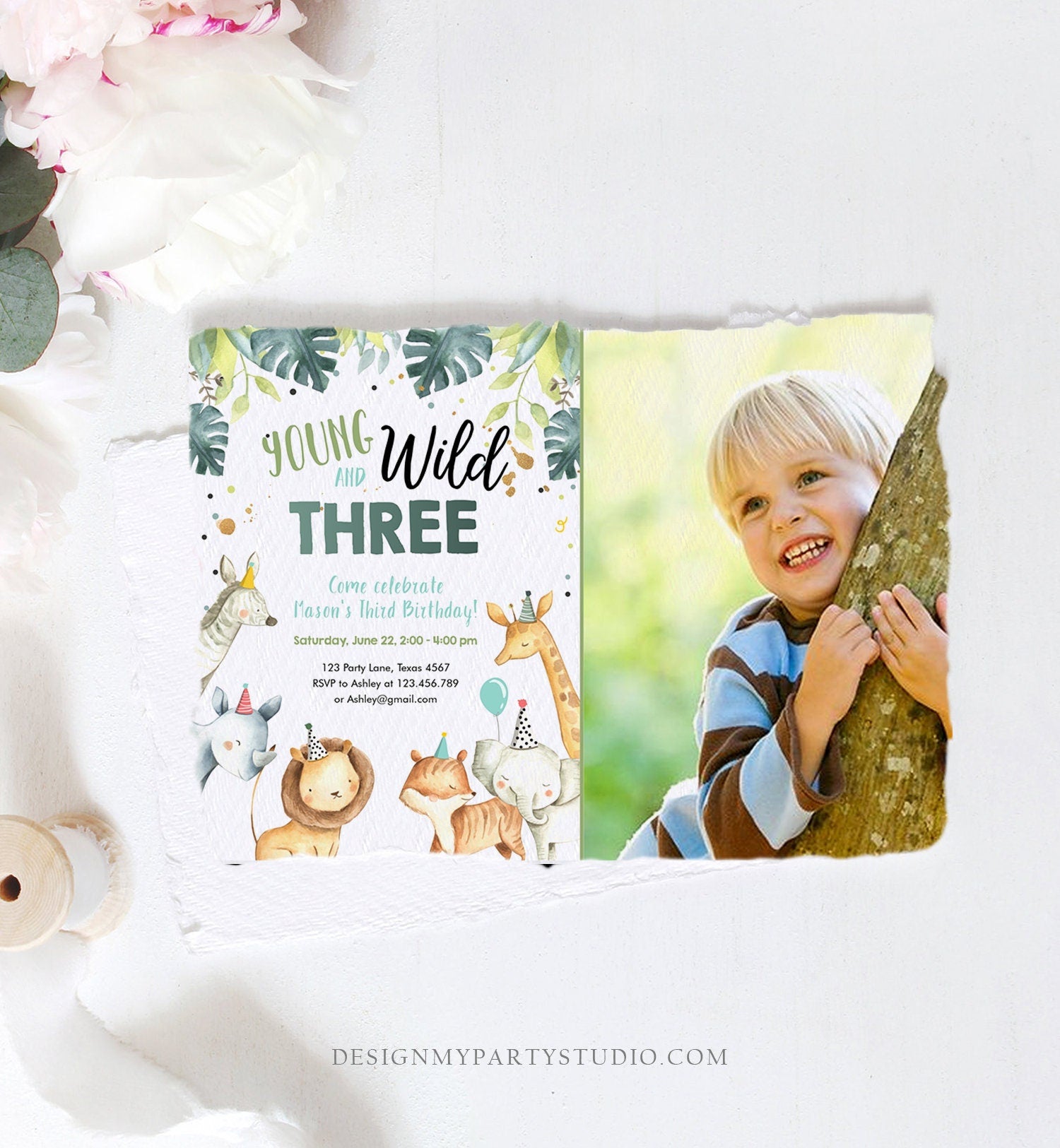 Editable Young Wild and Three Birthday Invitation Boy Safari Animals Green Party Animals Third Birthday 3rd Template Corjl Printable 0163