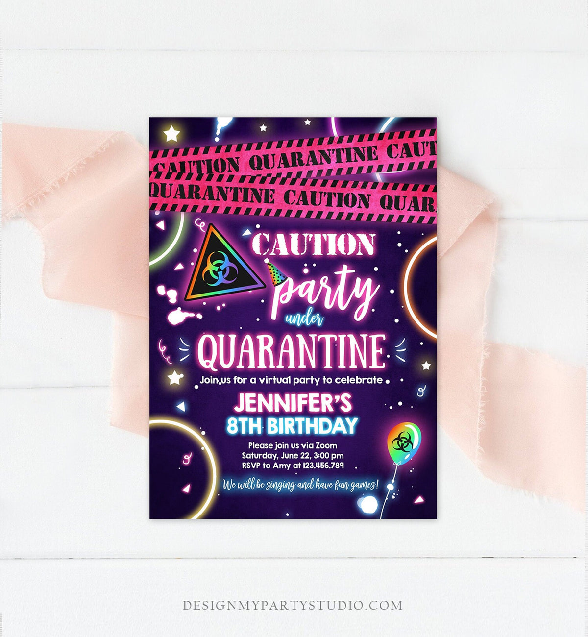 Editable Quarantine Birthday Invitation Virtual Party Quarantine Party Zoom Girl Pink No One Invited Hangout Corjl Template Printable 0334