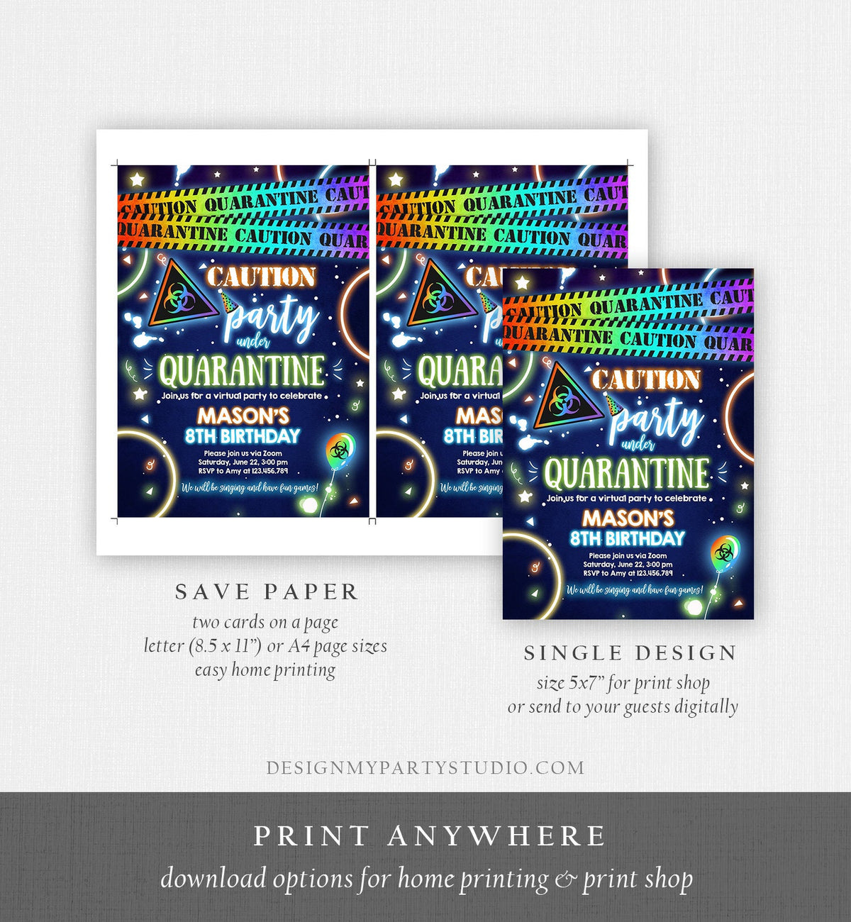 Editable Quarantine Birthday Invitation Virtual Party Quarantine Party Zoom Blue Boy No One Invited Hangout Corjl Template Printable 0334