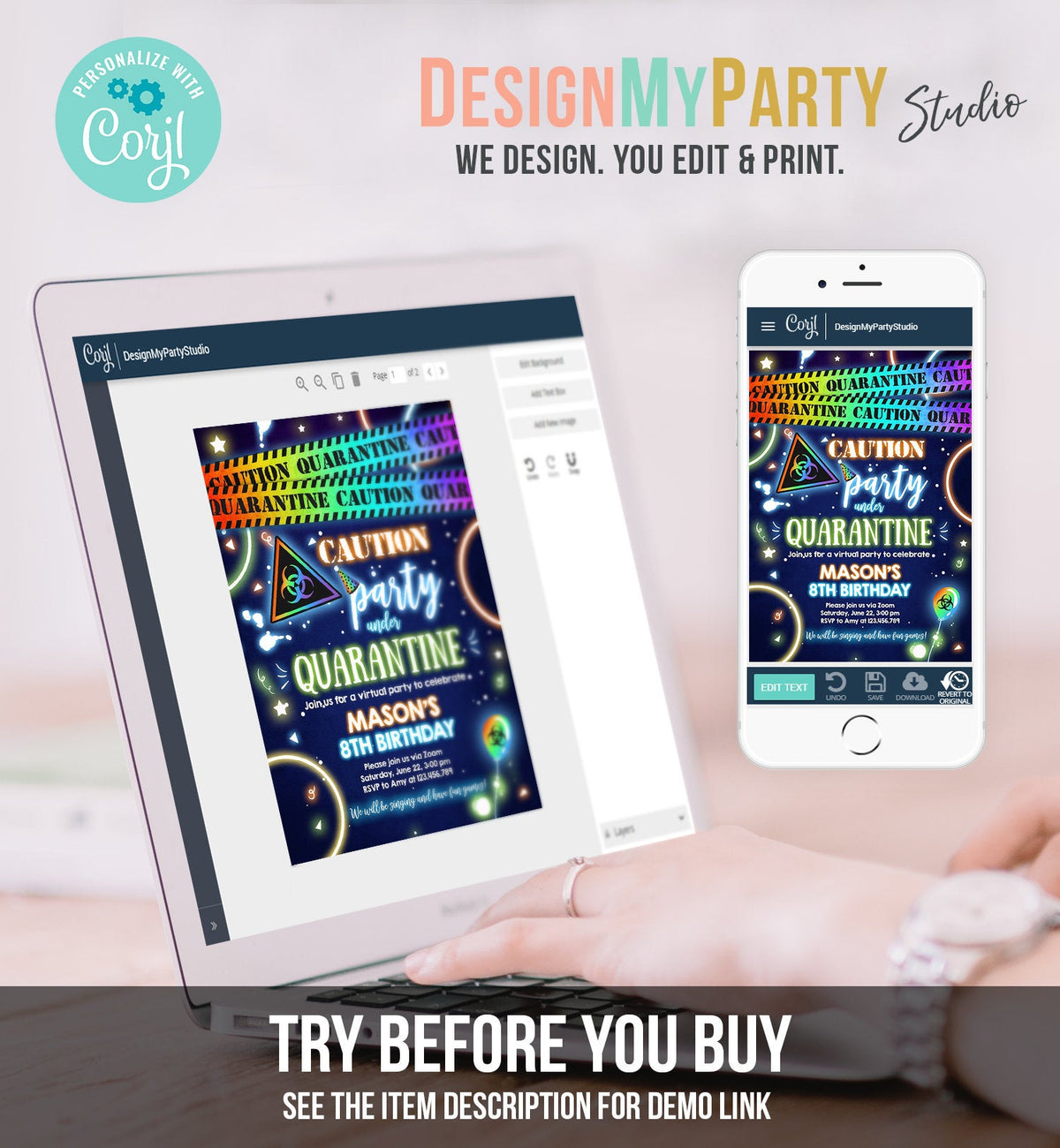 Editable Quarantine Birthday Invitation Virtual Party Quarantine Party Zoom Blue Boy No One Invited Hangout Corjl Template Printable 0334