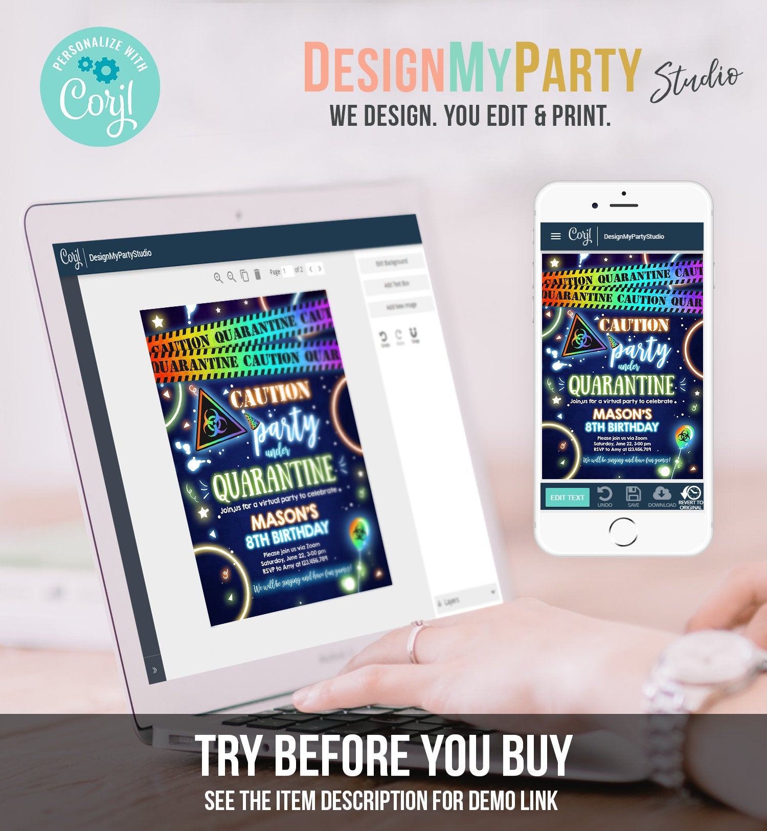 Editable Quarantine Birthday Invitation Virtual Party Quarantine Party Zoom Blue Boy No One Invited Hangout Corjl Template Printable 0334