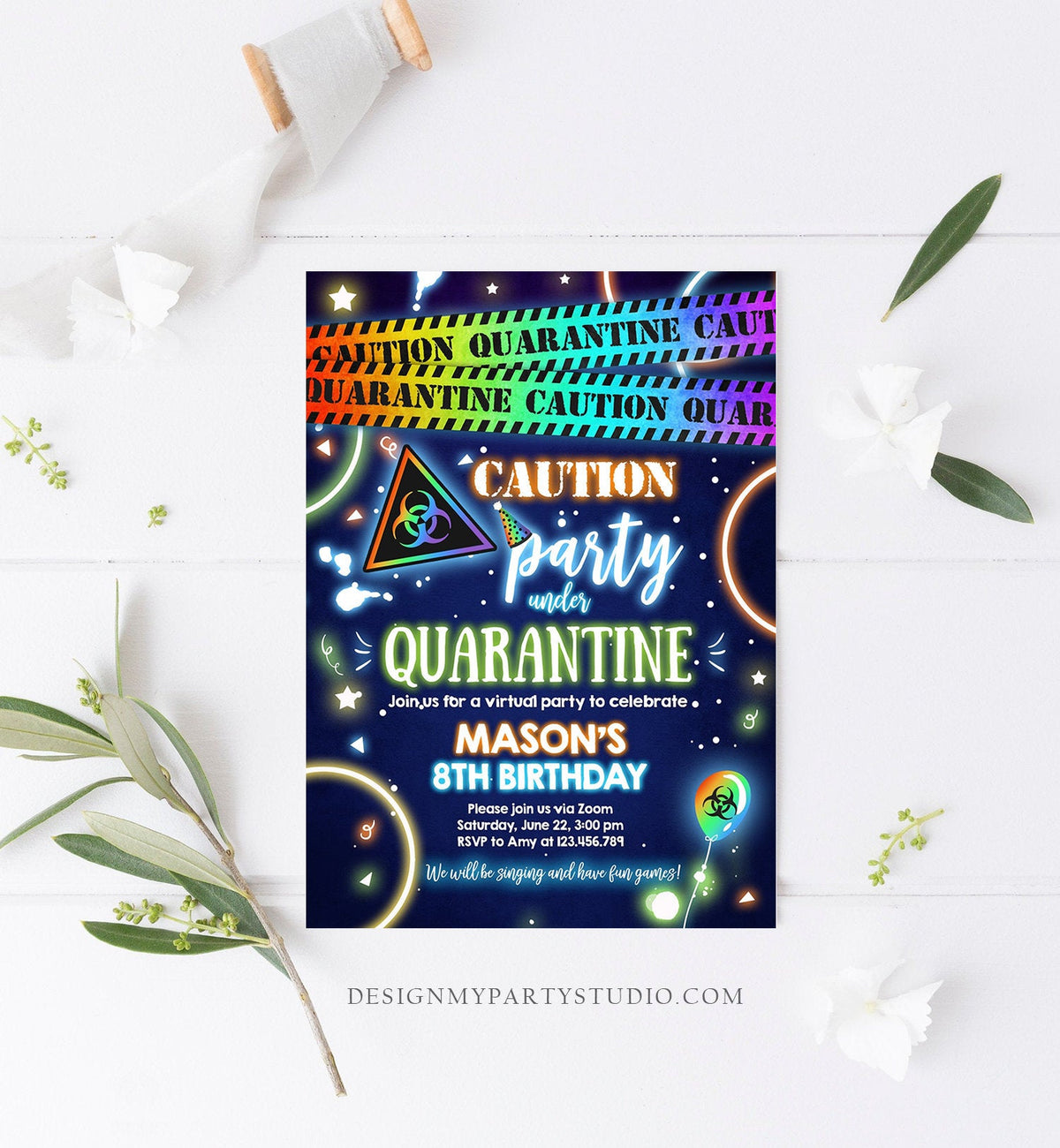 Editable Quarantine Birthday Invitation Virtual Party Quarantine Party Zoom Blue Boy No One Invited Hangout Corjl Template Printable 0334