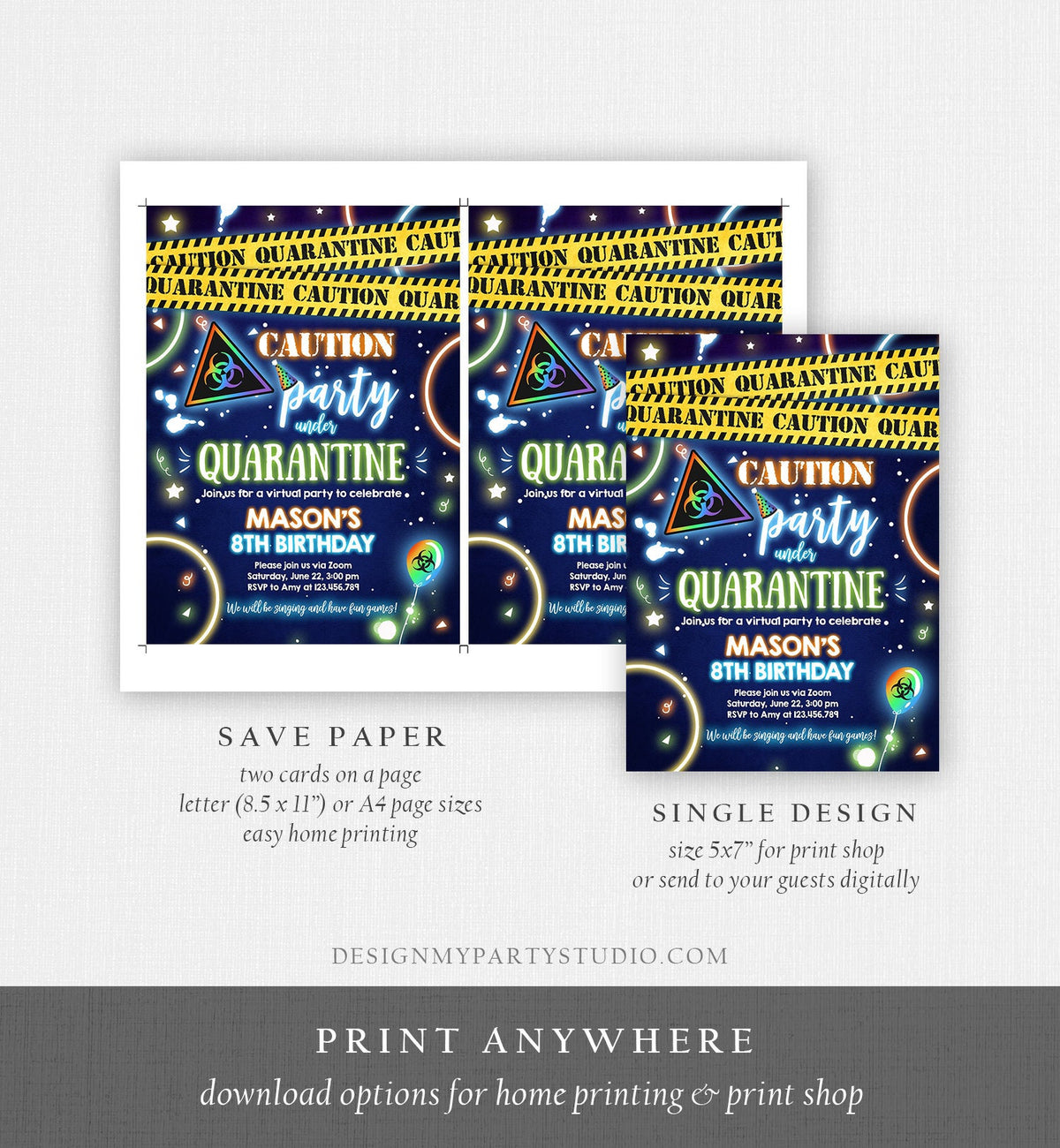 Editable Quarantine Birthday Invitation Virtual Party Quarantine Party Zoom Blue Boy No One Invited Hangout Corjl Template Printable 0334