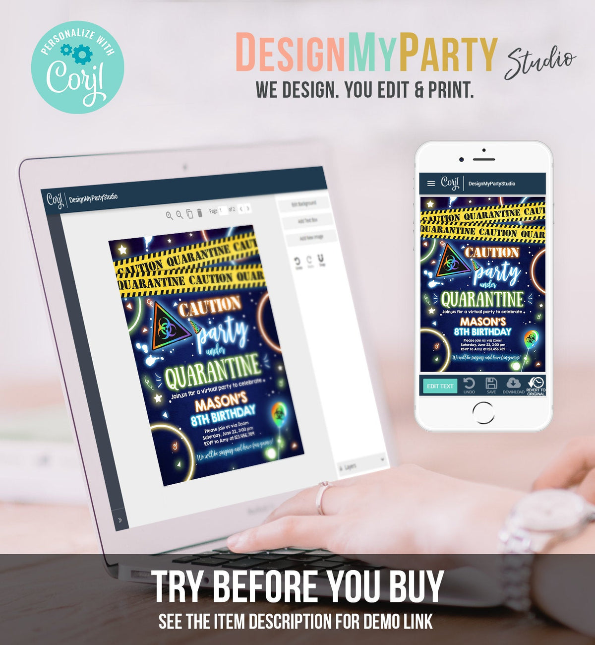 Editable Quarantine Birthday Invitation Virtual Party Quarantine Party Zoom Blue Boy No One Invited Hangout Corjl Template Printable 0334