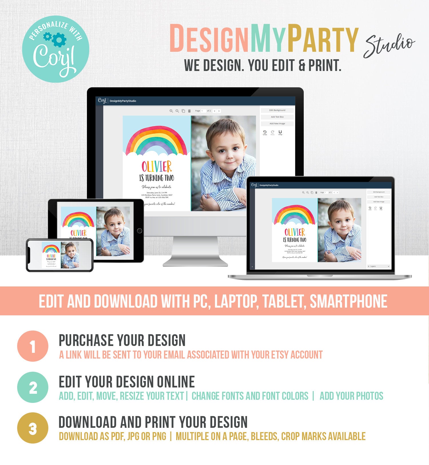 Editable Rainbow Birthday Invitation Boy Girl Neutral Clouds Blue Rainbow Fun Over the Rainbow Party Digital Corjl Template Printable 0272