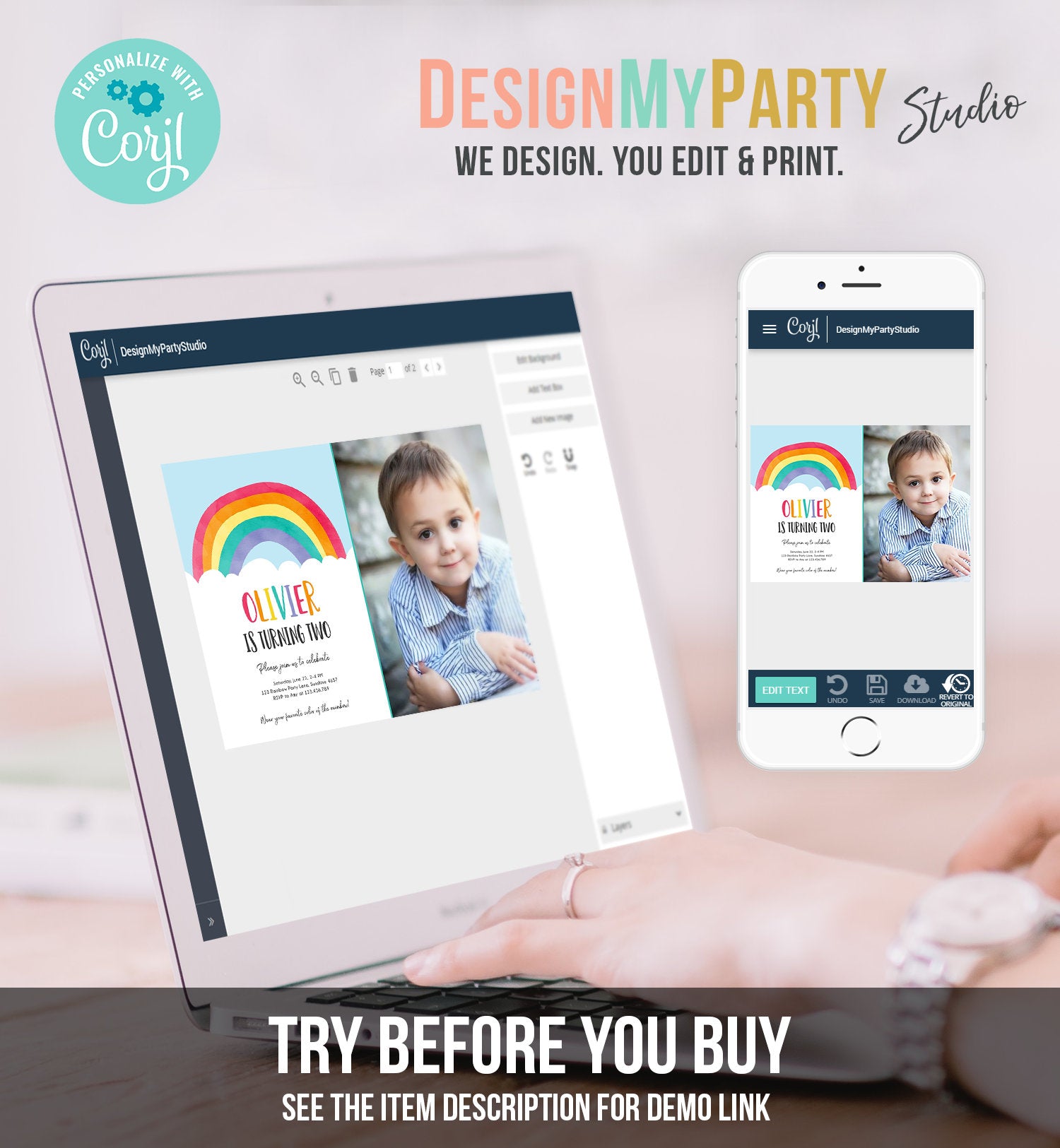 Editable Rainbow Birthday Invitation Boy Girl Neutral Clouds Blue Rainbow Fun Over the Rainbow Party Digital Corjl Template Printable 0272