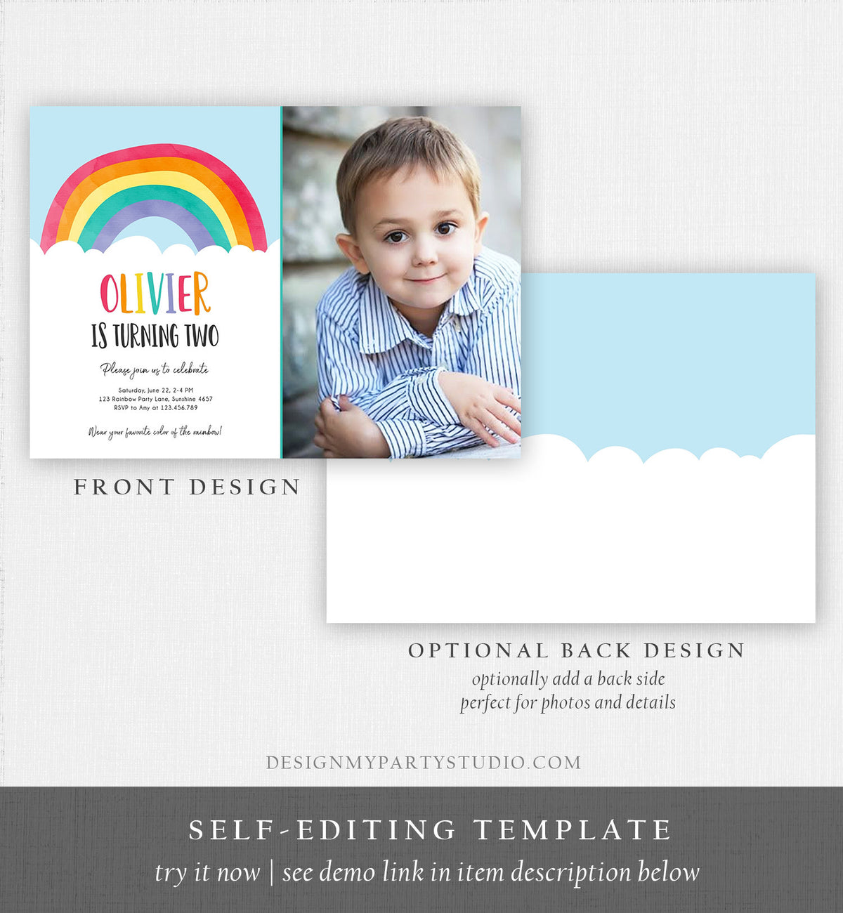Editable Rainbow Birthday Invitation Boy Girl Neutral Clouds Blue Rainbow Fun Over the Rainbow Party Digital Corjl Template Printable 0272