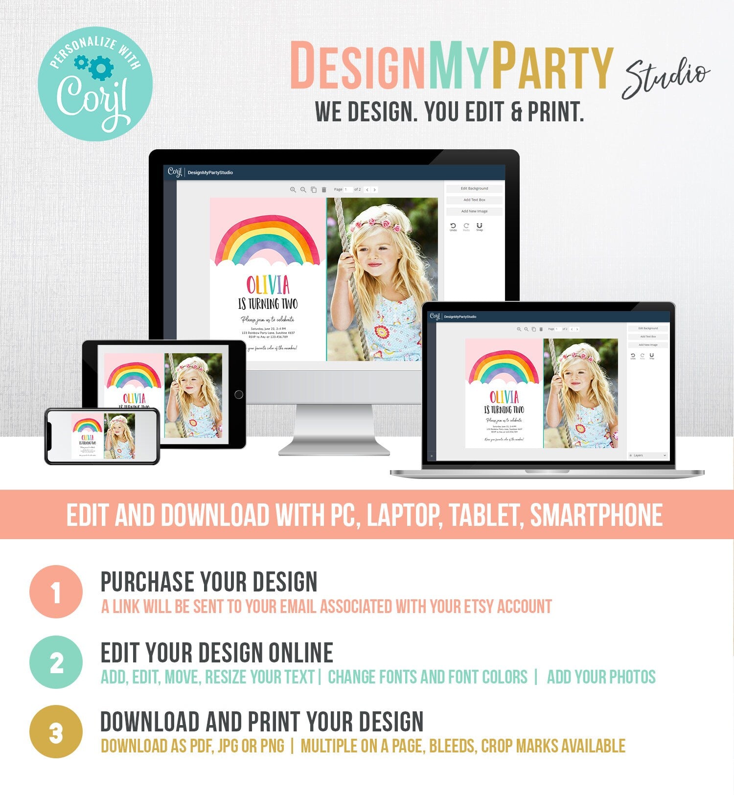 Editable Rainbow Birthday Invitation Boy Girl Neutral Clouds Pink Rainbow Fun Over the Rainbow Party Digital Corjl Template Printable 0272