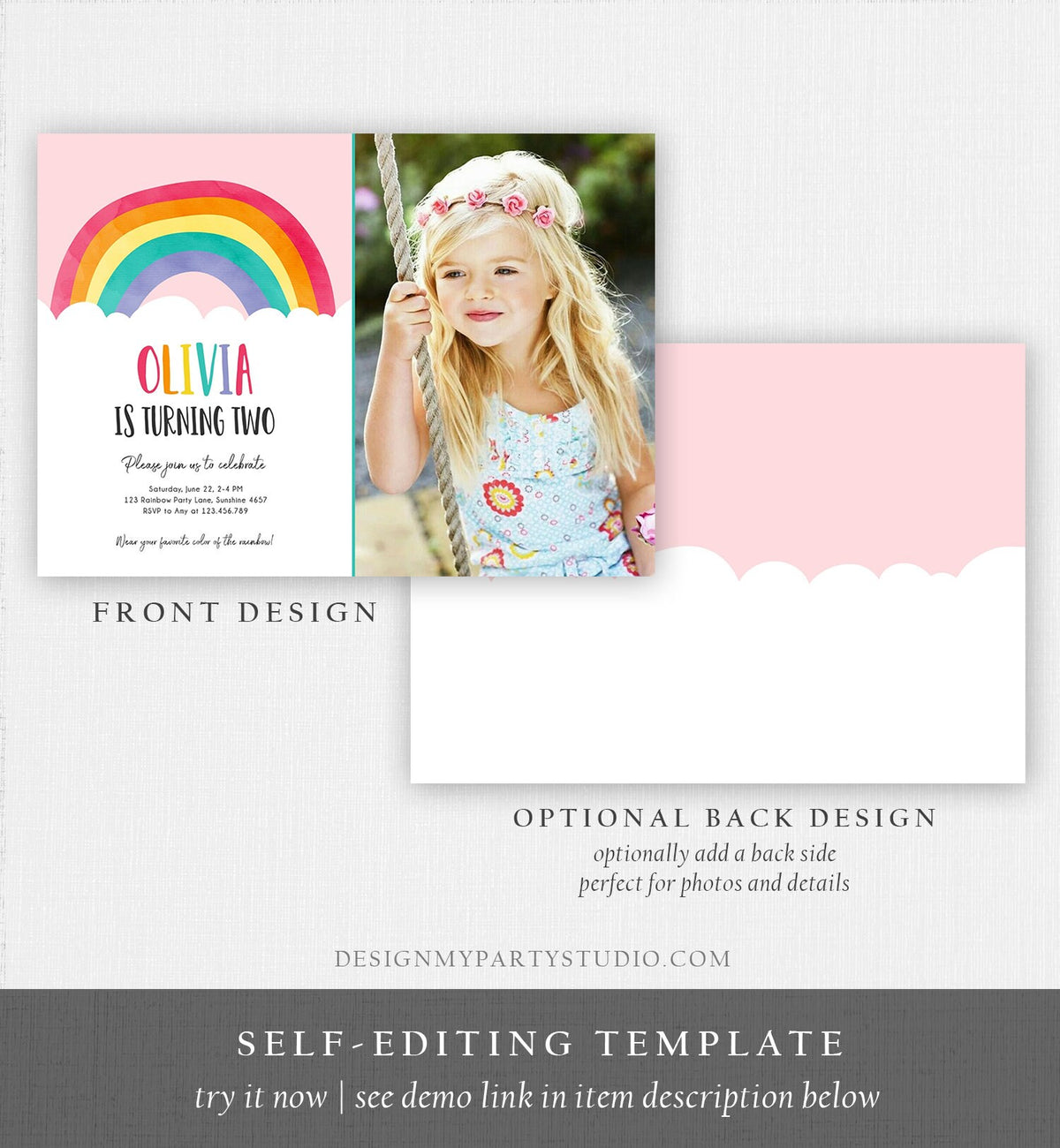 Editable Rainbow Birthday Invitation Boy Girl Neutral Clouds Pink Rainbow Fun Over the Rainbow Party Digital Corjl Template Printable 0272