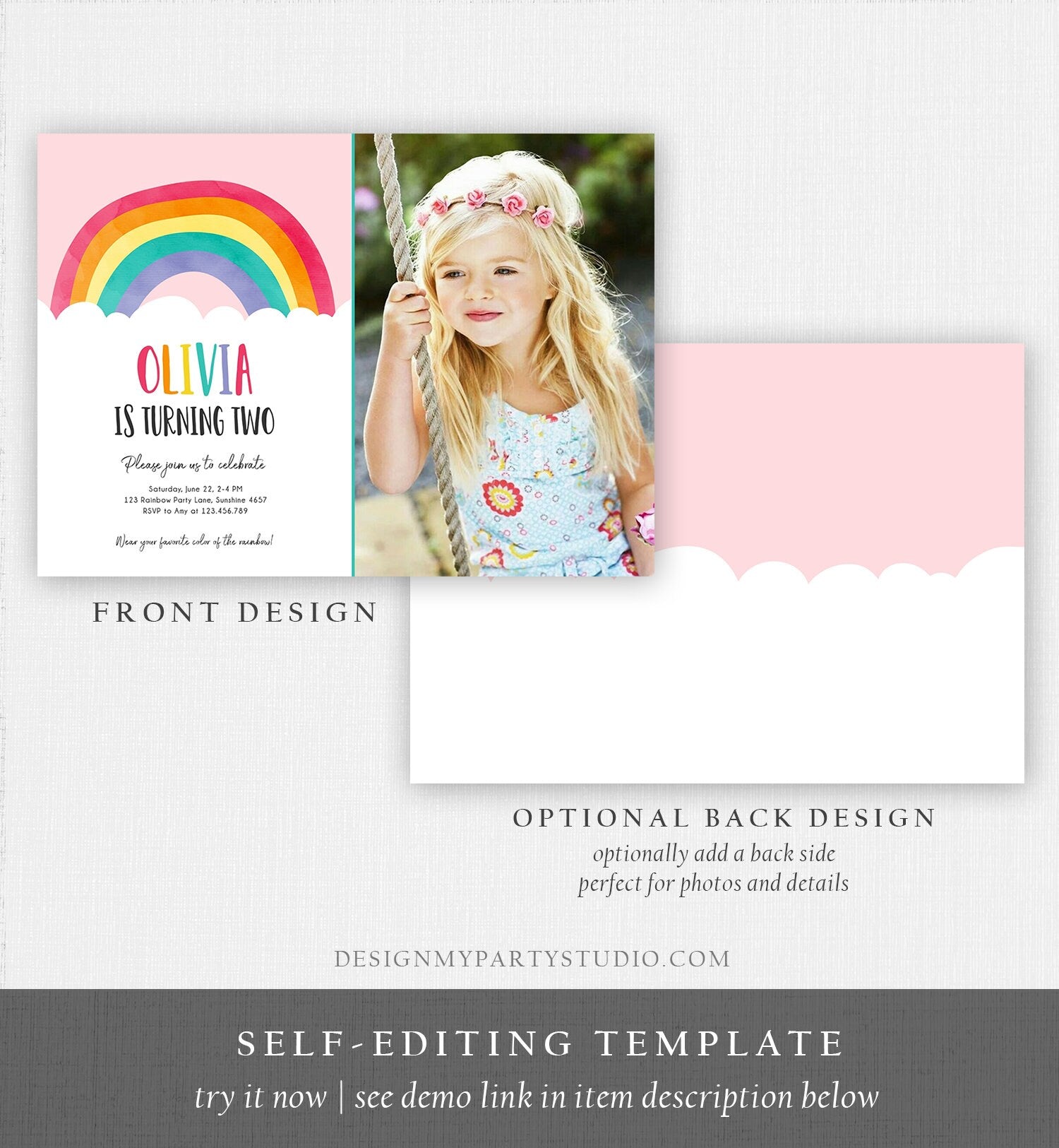Editable Rainbow Birthday Invitation Boy Girl Neutral Clouds Pink Rainbow Fun Over the Rainbow Party Digital Corjl Template Printable 0272
