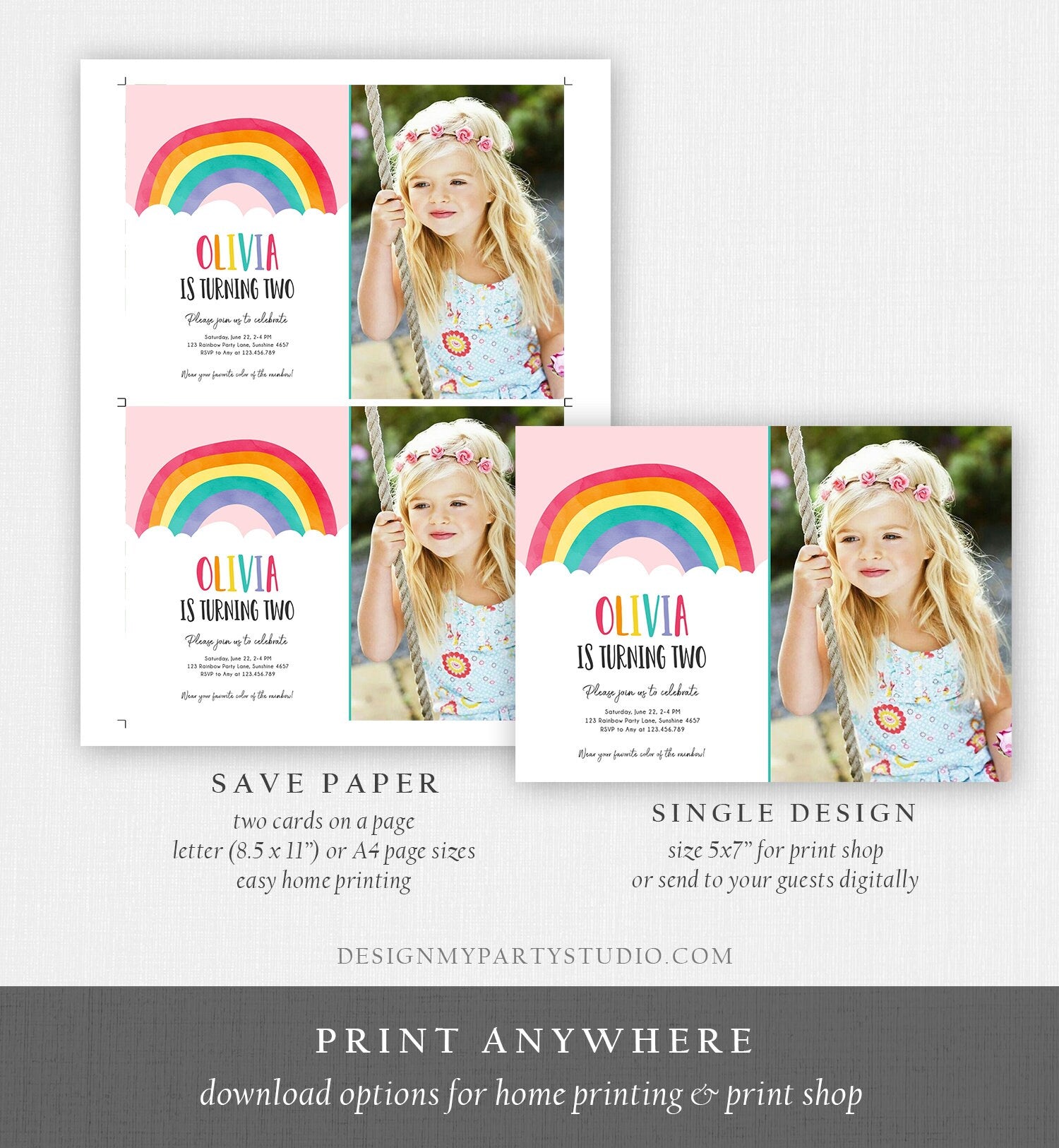 Editable Rainbow Birthday Invitation Boy Girl Neutral Clouds Pink Rainbow Fun Over the Rainbow Party Digital Corjl Template Printable 0272