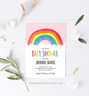 Editable Rainbow Baby Shower Invitation Boy or Girl Neutral Clouds Coed Over the Rainbow Pink or Blue Digital Corjl Template Printable 0272