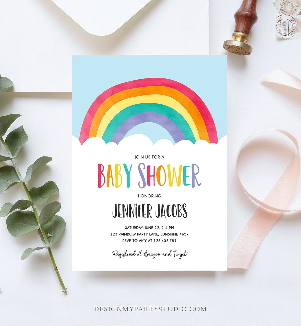 Editable Rainbow Baby Shower Invitation Boy or Girl Neutral Clouds Coed Over the Rainbow Pink or Blue Digital Corjl Template Printable 0272