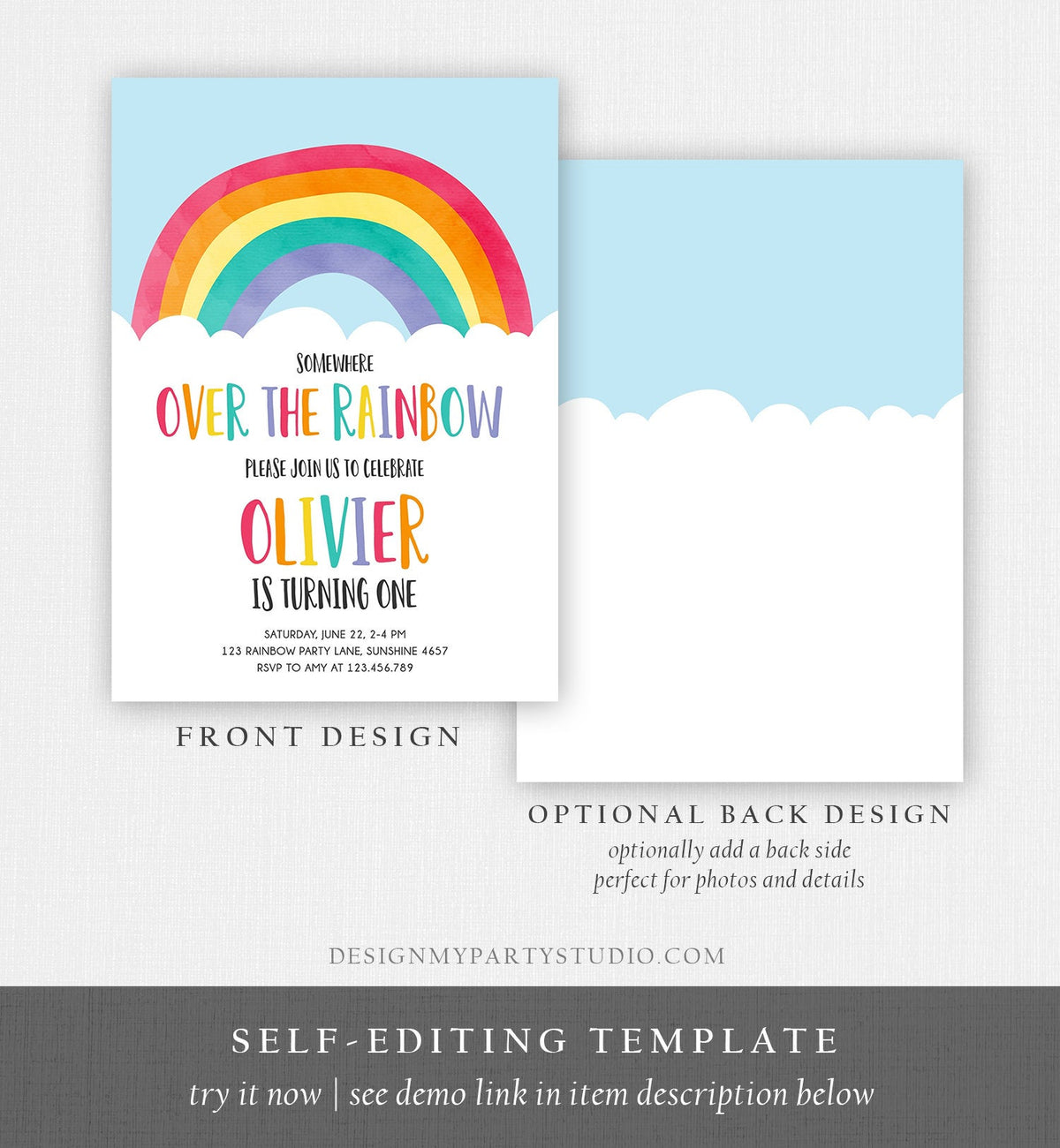 Editable Over the Rainbow Birthday Invitation Boy Girl Neutral Clouds Blue Rainbow Fun First Birthday Digital Corjl Template Printable 0272