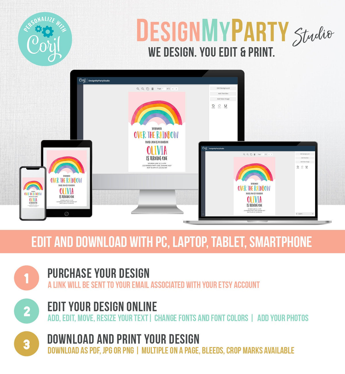 Editable Over the Rainbow Birthday Invitation Boy Girl Neutral Clouds Pink Rainbow Fun First Birthday Digital Corjl Template Printable 0272