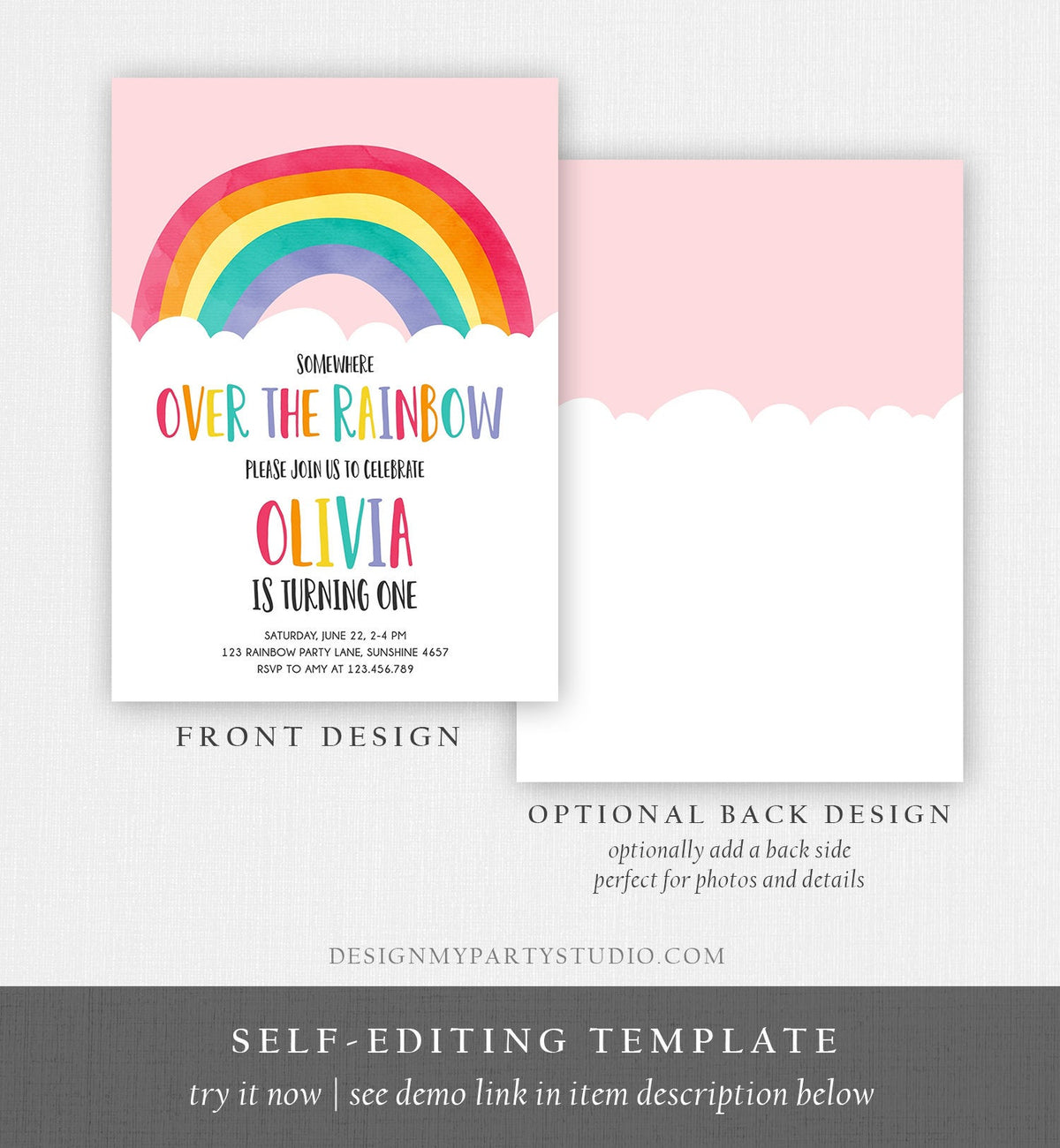 Editable Over the Rainbow Birthday Invitation Boy Girl Neutral Clouds Pink Rainbow Fun First Birthday Digital Corjl Template Printable 0272