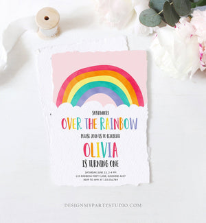 Editable Over the Rainbow Birthday Invitation Boy Girl Neutral Clouds Pink Rainbow Fun First Birthday Digital Corjl Template Printable 0272