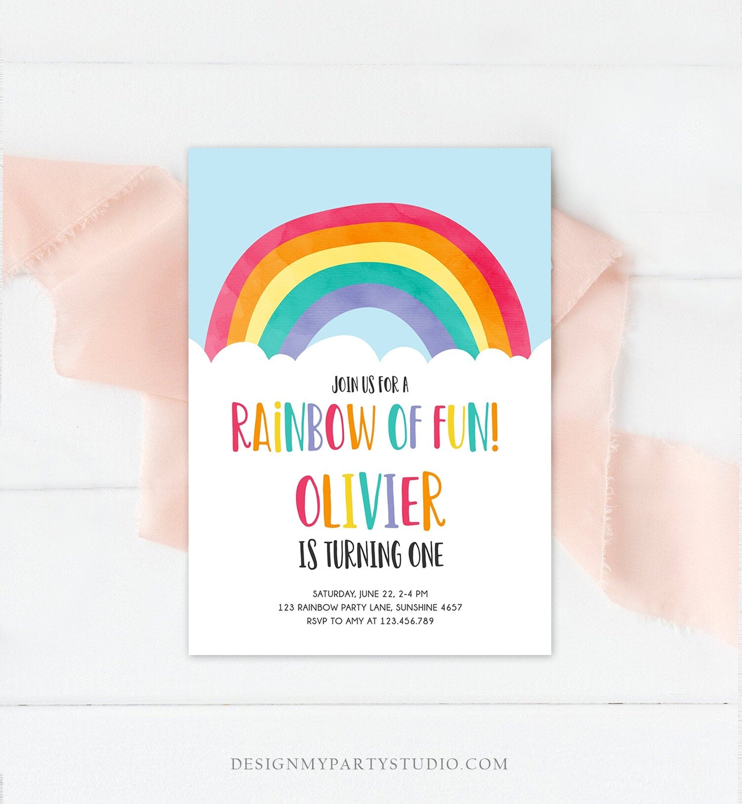 Editable Rainbow Fun Birthday Invitation Boy Girl Neutral Clouds Blue Rainbow Fun First Birthday Digital Corjl Template Printable 0272