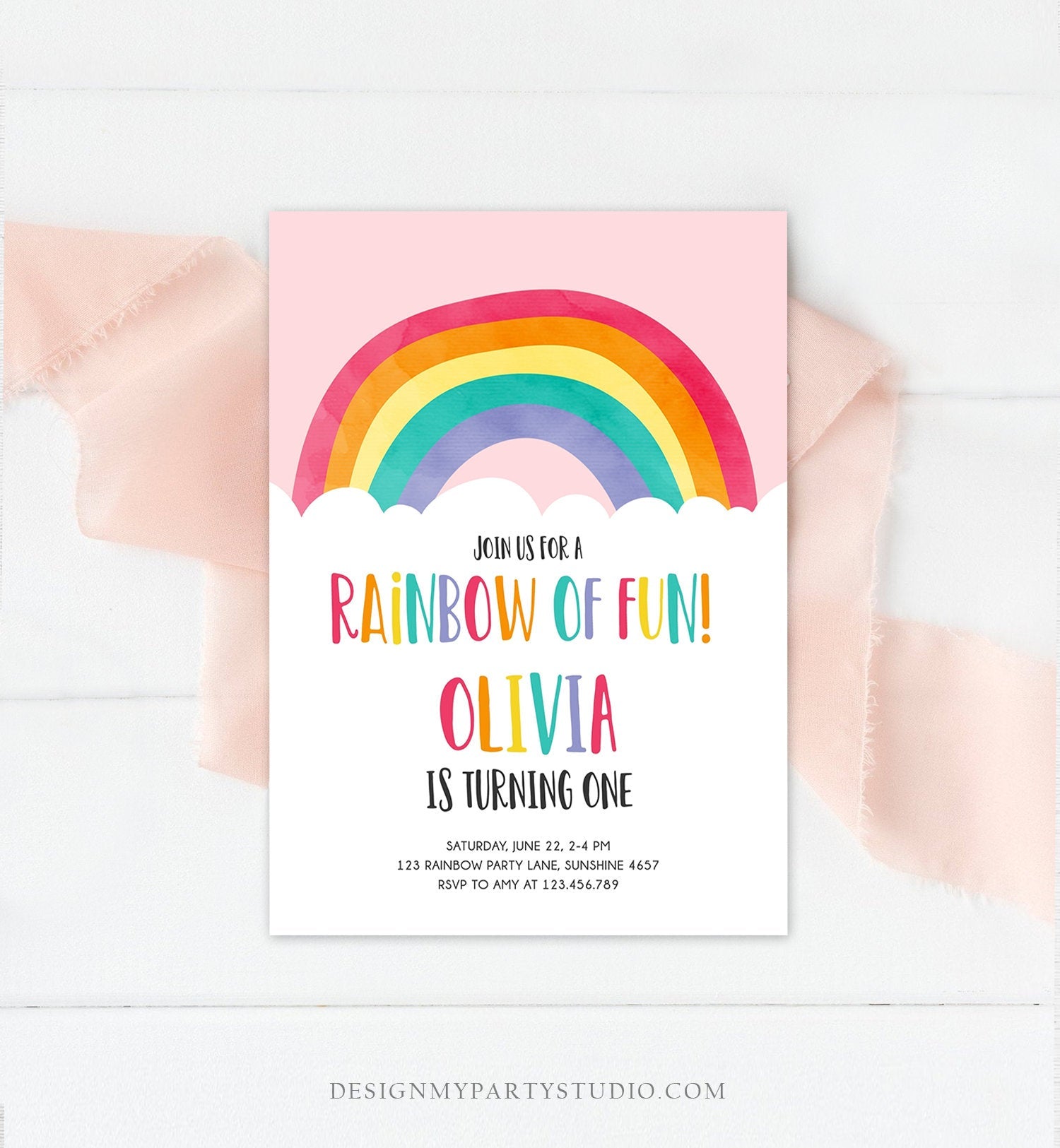 Editable Rainbow Fun Birthday Invitation Boy Girl Neutral Clouds Pink Rainbow Fun First Birthday Digital Corjl Template Printable 0272