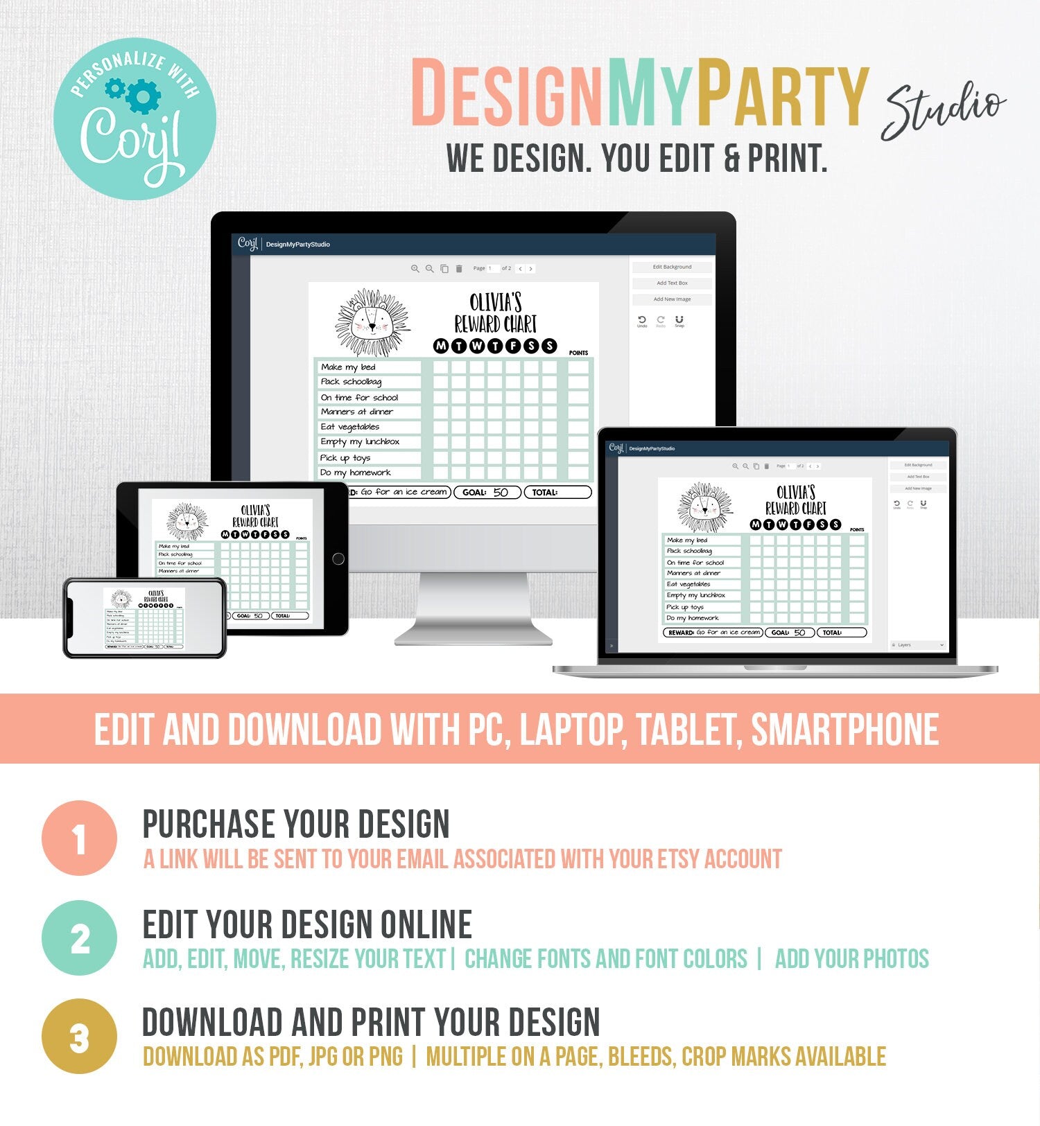 Editable Lion Reward Chart for Boys Printable Animal Chore Chart for Kids Chores Girl Routine Chart Homeschool Printable Template Corjl 0039