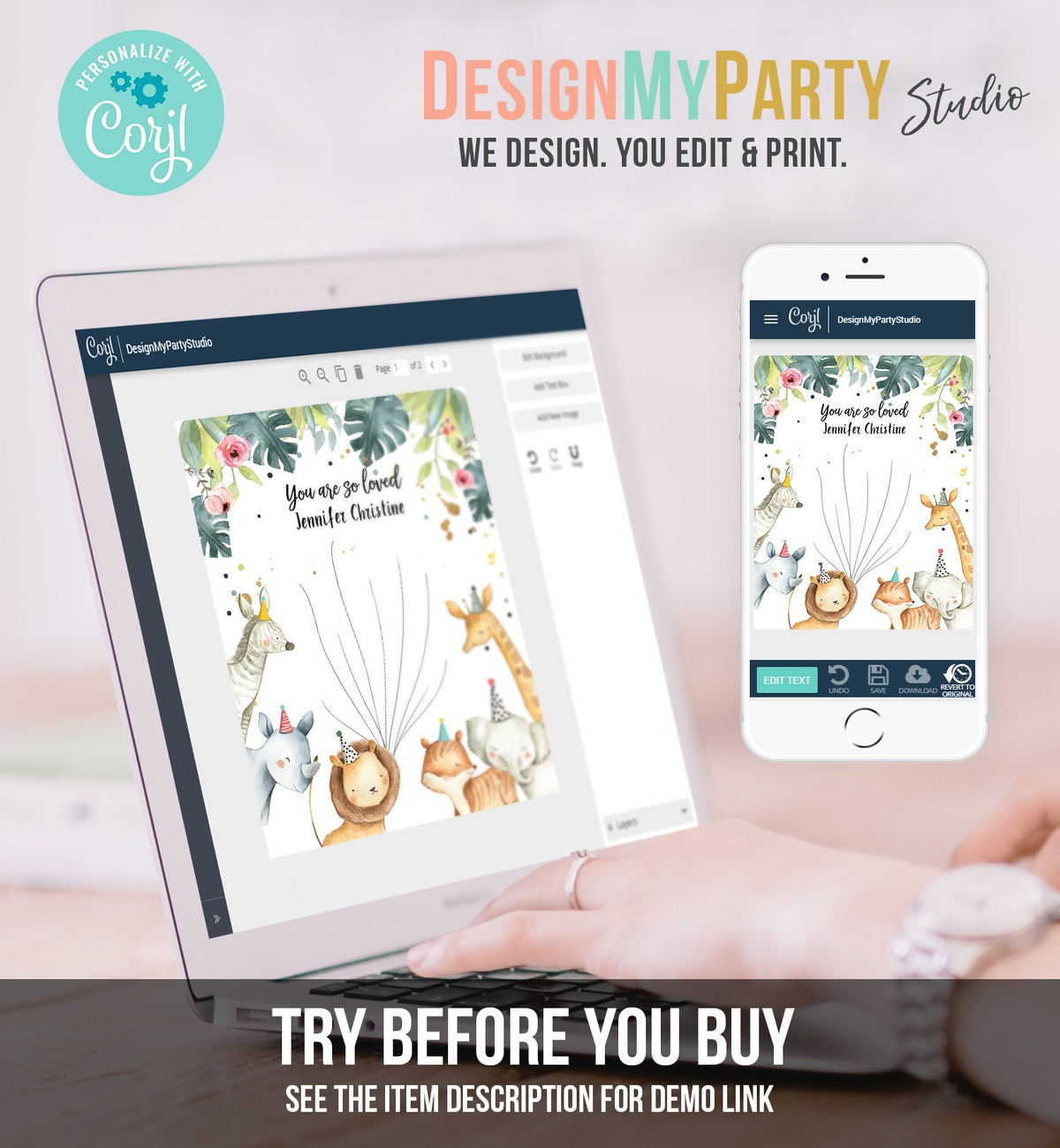 Editable Safari Animals Baby Shower Fingerprint Guestbook Thumbprint Guest Book Tree Jungle Wild One Gold Girl Corjl Template Printable 0163