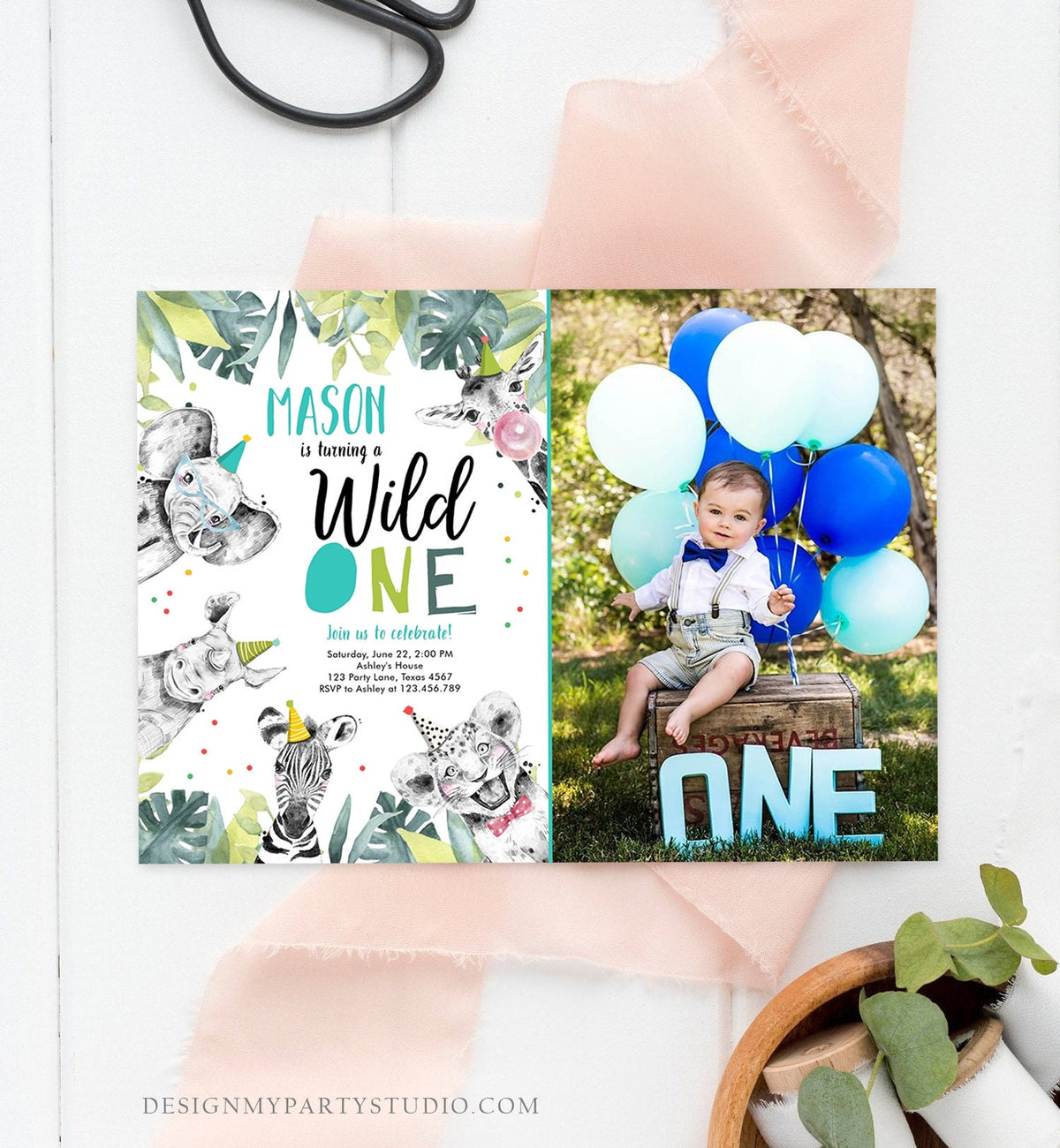 Editable Wild One Birthday Invitation Boy First Birthday Safari Animals Party Animals Born to be Wild Jungle Corjl Template Printable 0322